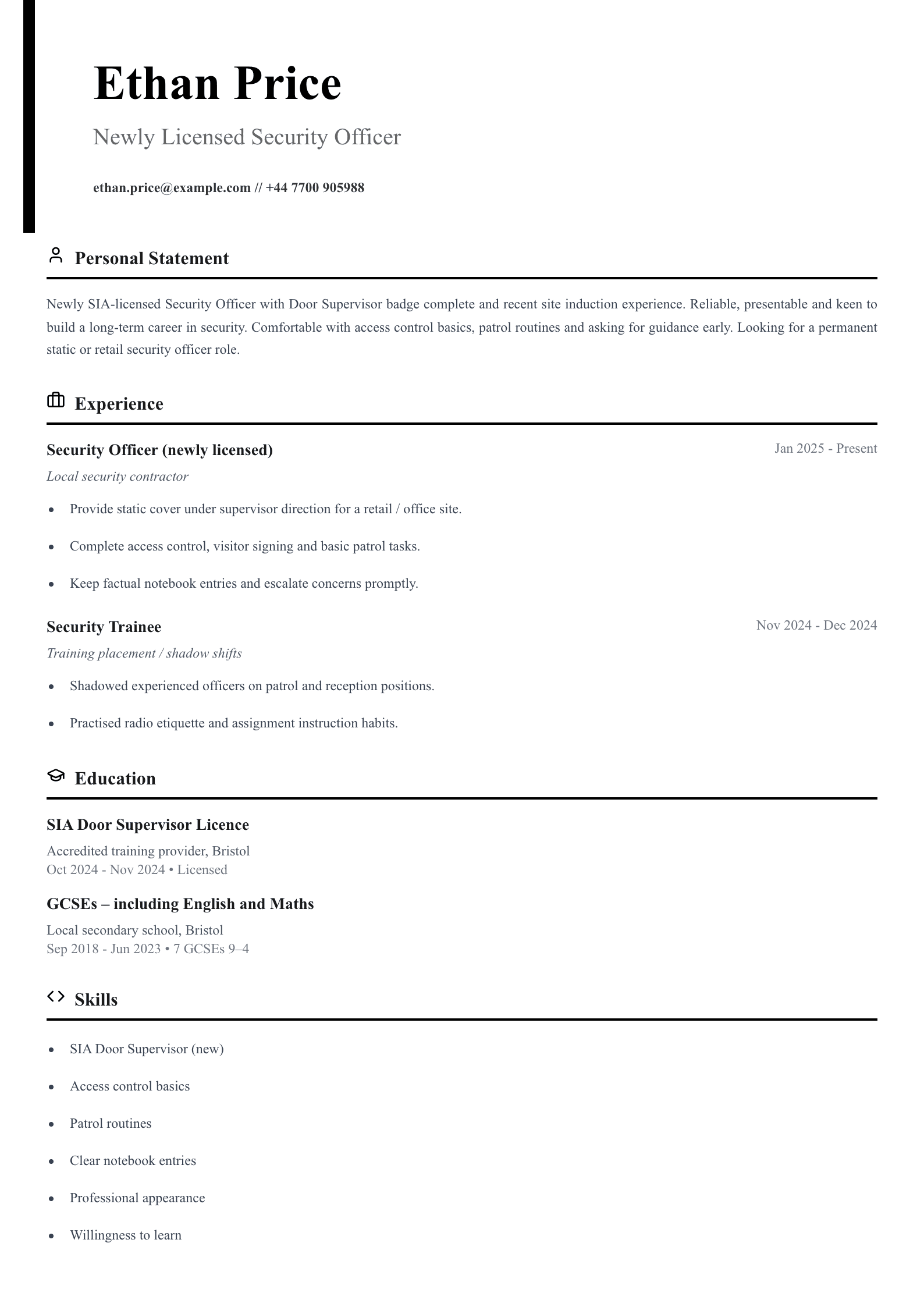 newly licensed security officer cv template