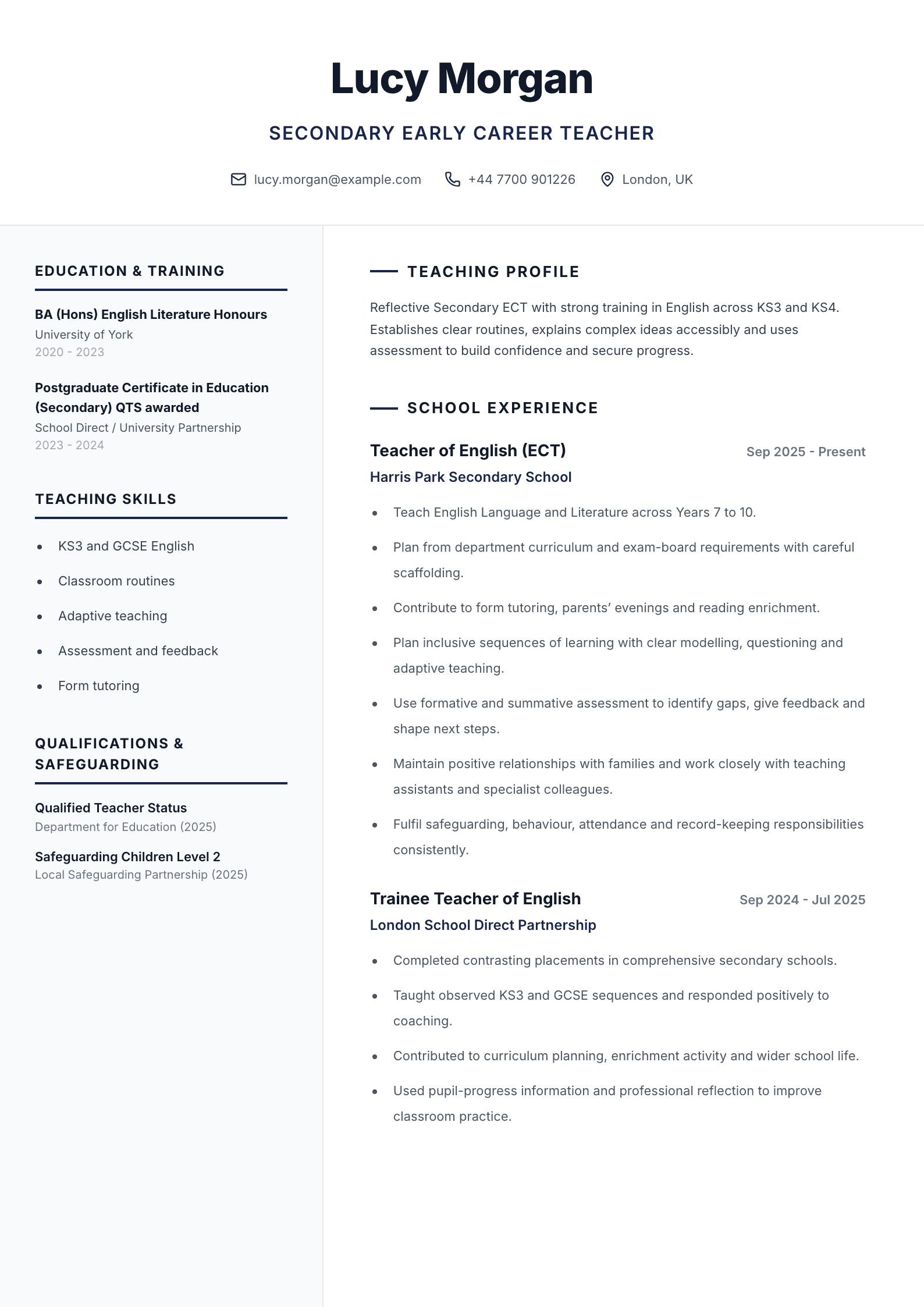 Secondary Early Career Teacher CV template