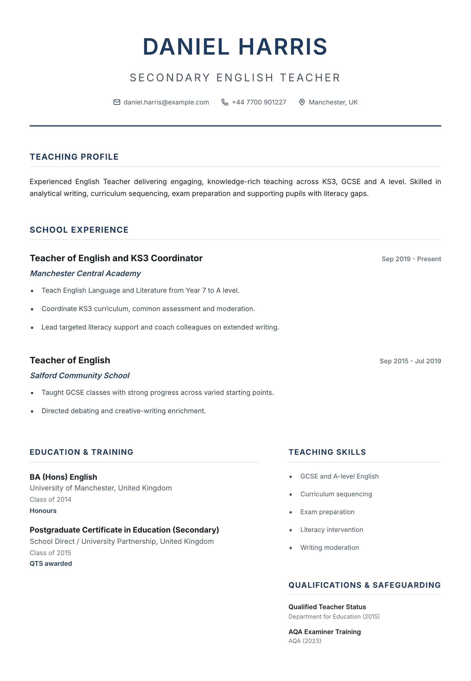 Secondary English Teacher CV template