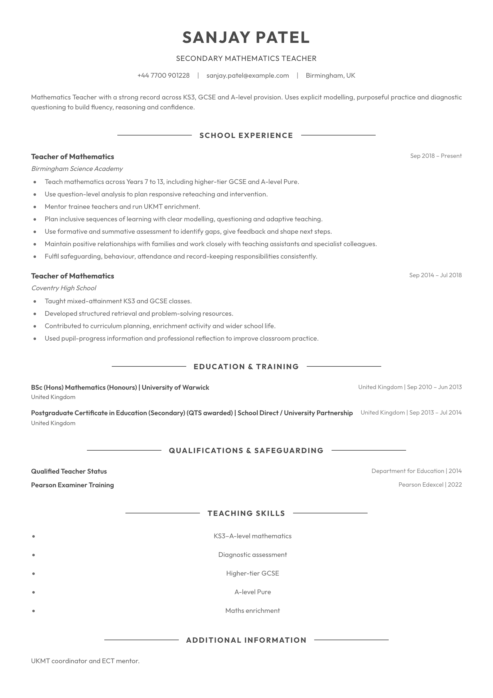 Secondary school teacher CV