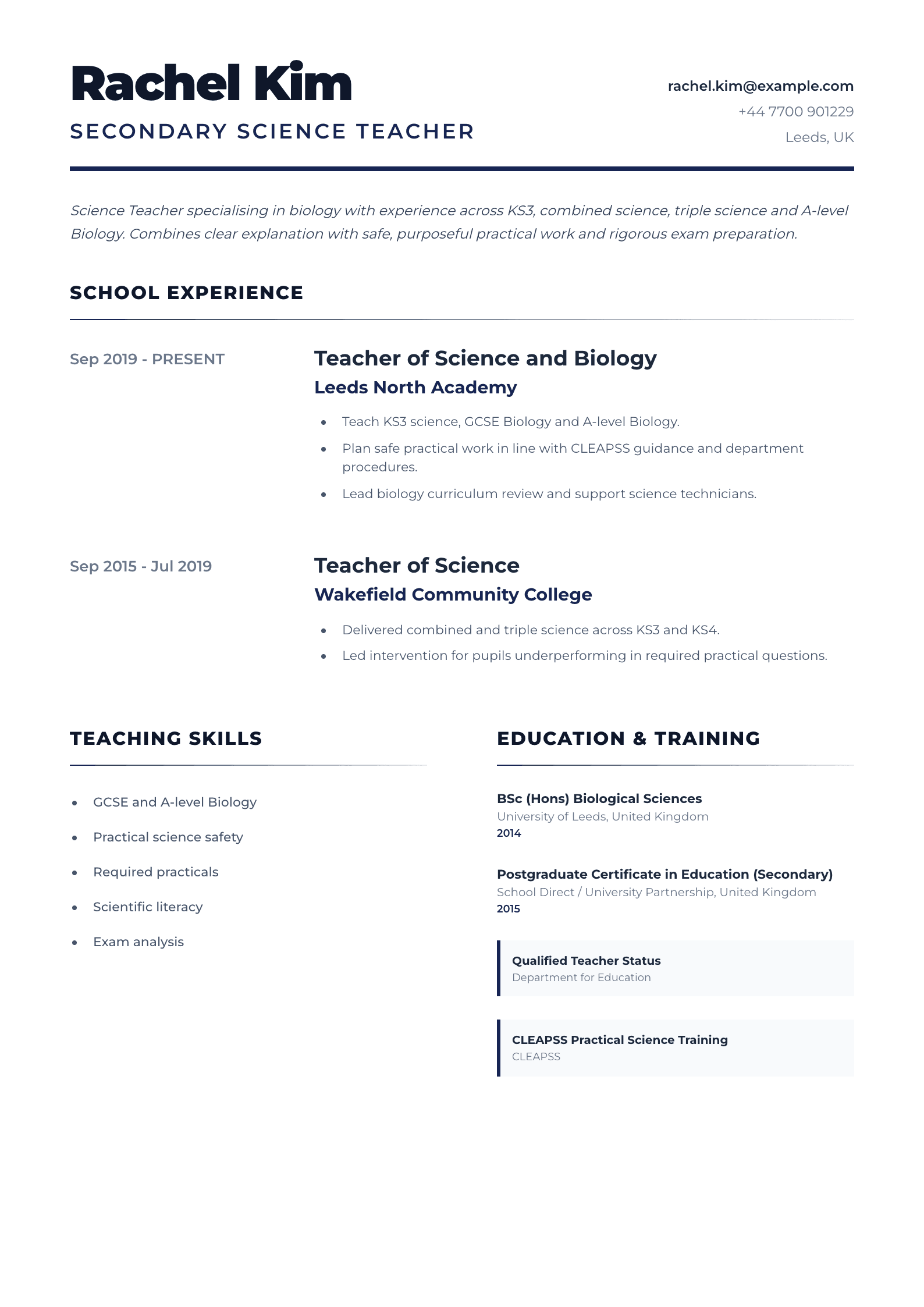 Secondary Science Teacher CV template