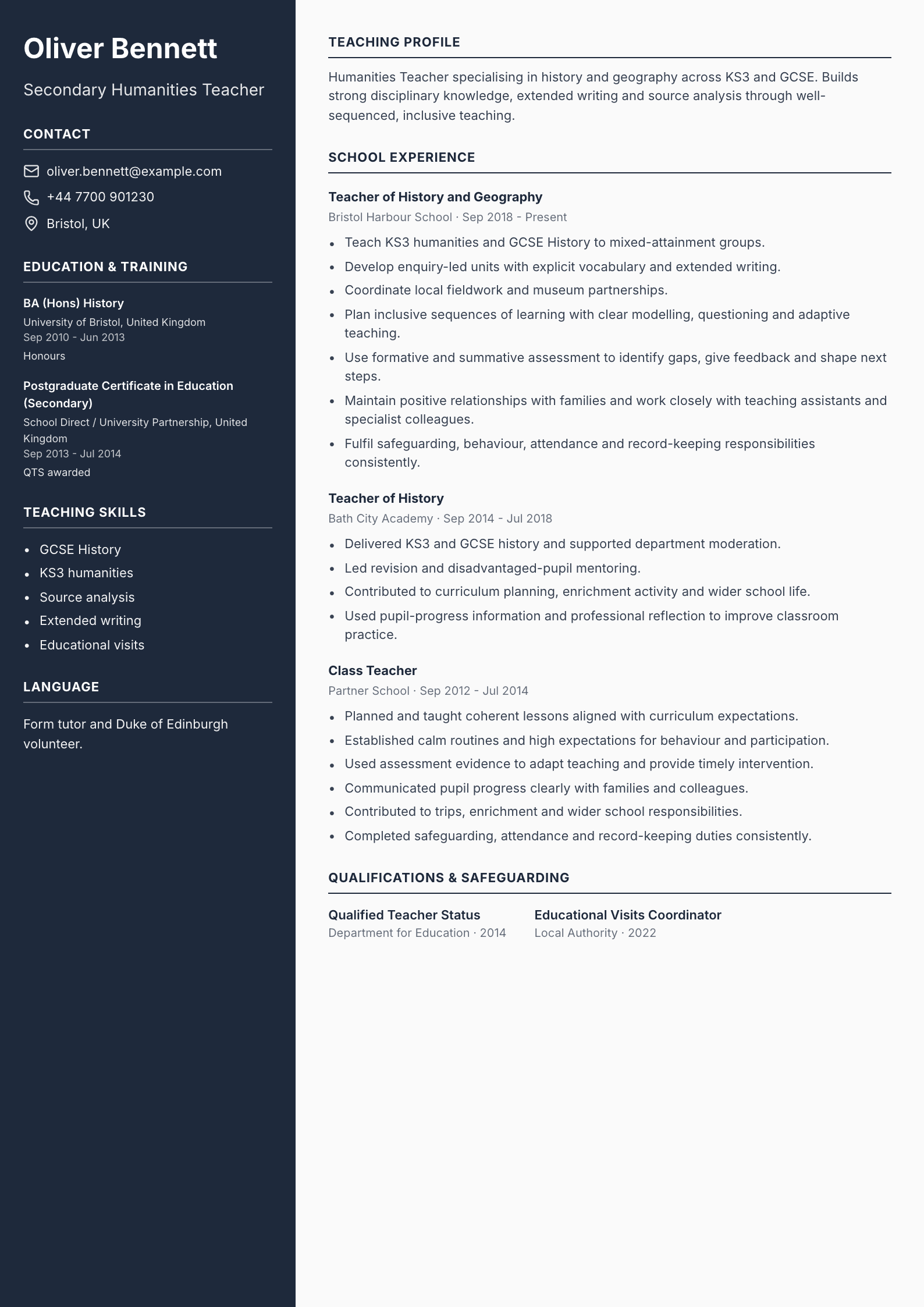 Humanities Teacher CV template