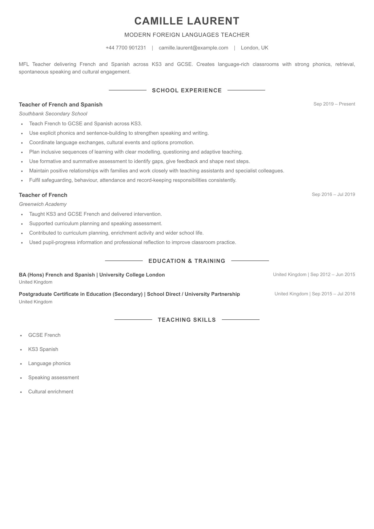Modern Foreign Languages Teacher CV template