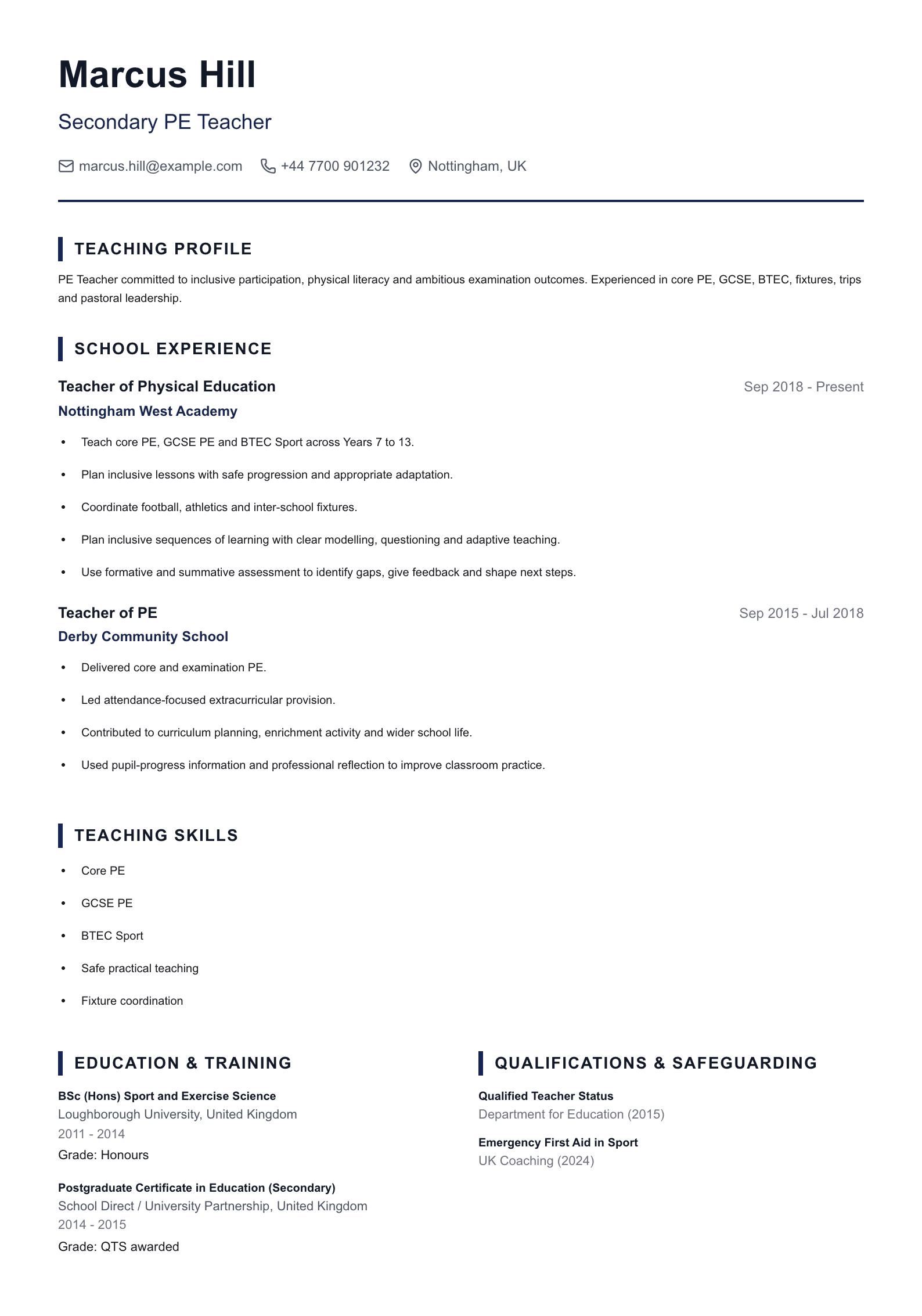 Secondary PE Teacher CV template