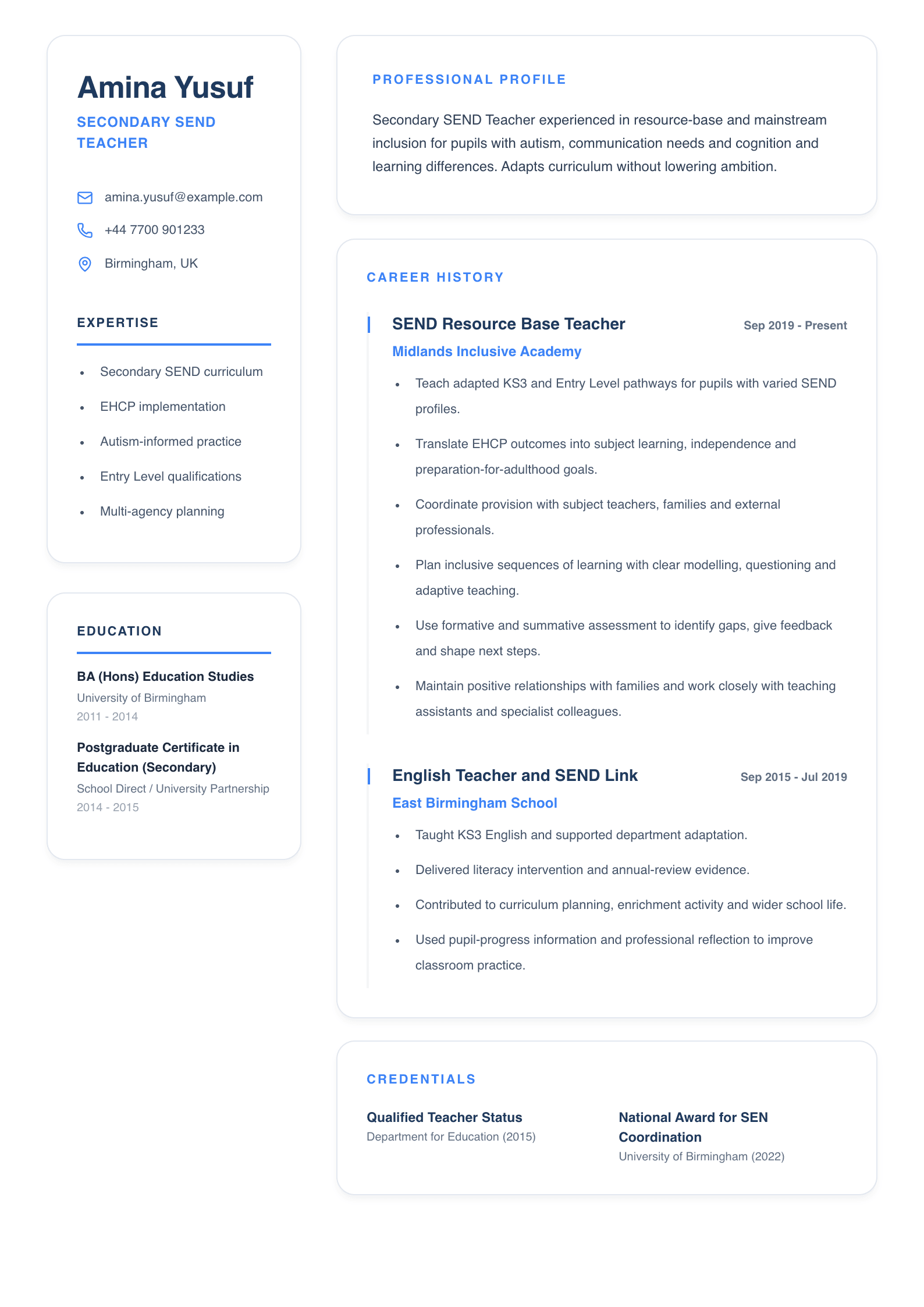 Secondary SEND Teacher CV template