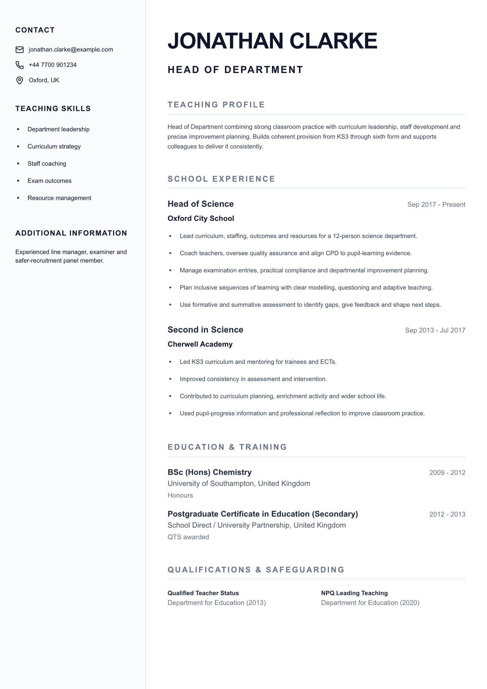 Head of Department CV template