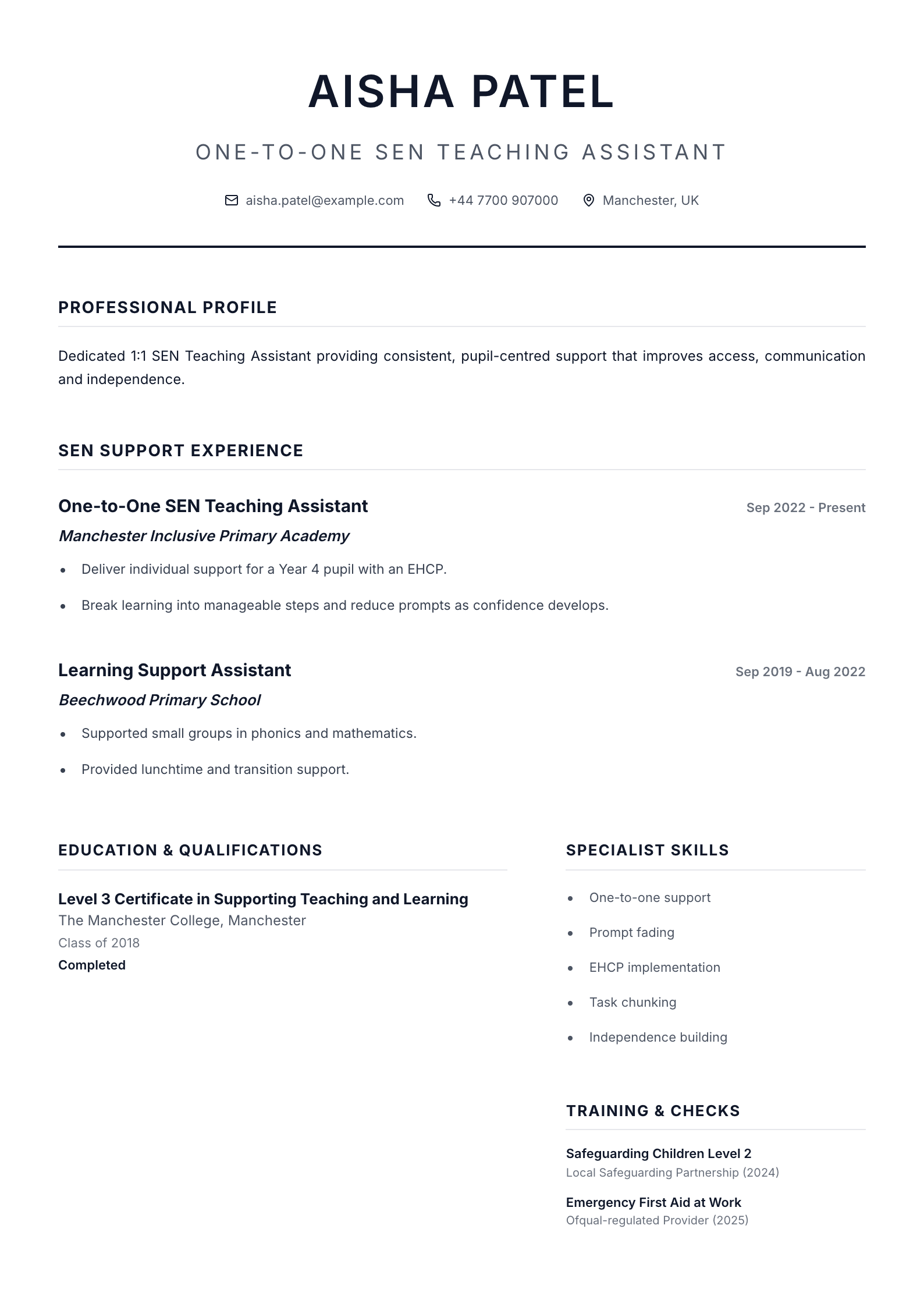 One-to-One SEN Teaching Assistant CV template
