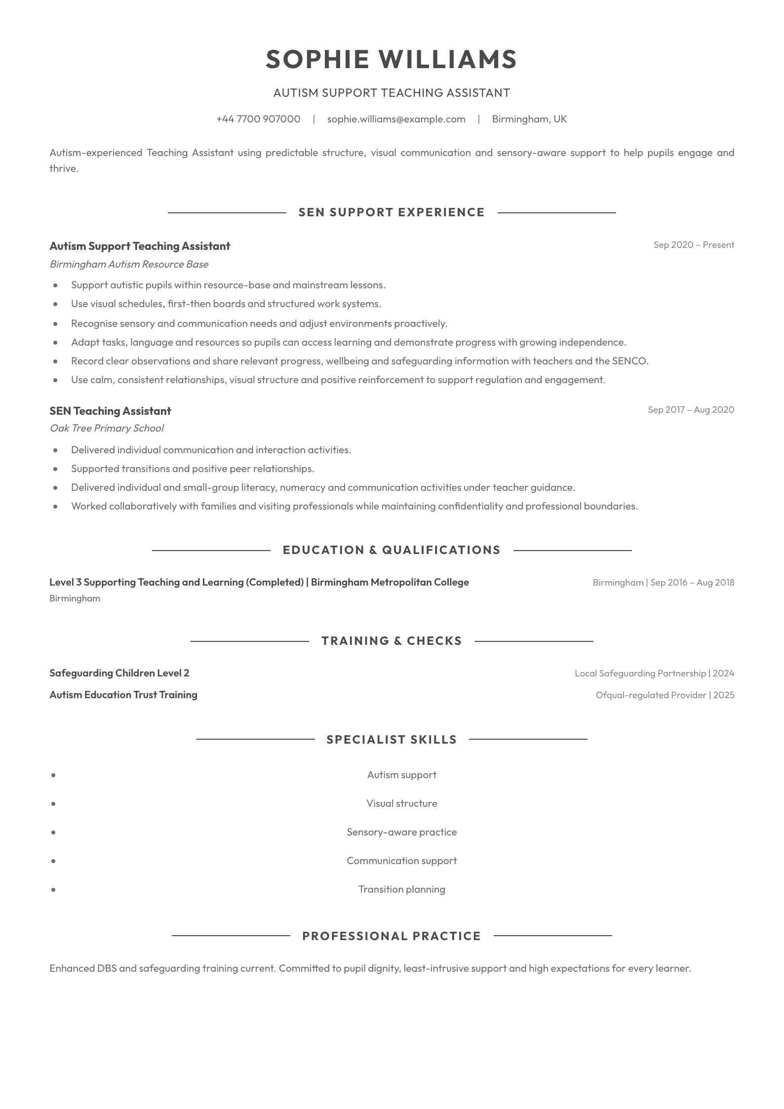 Autism Support Teaching Assistant CV template
