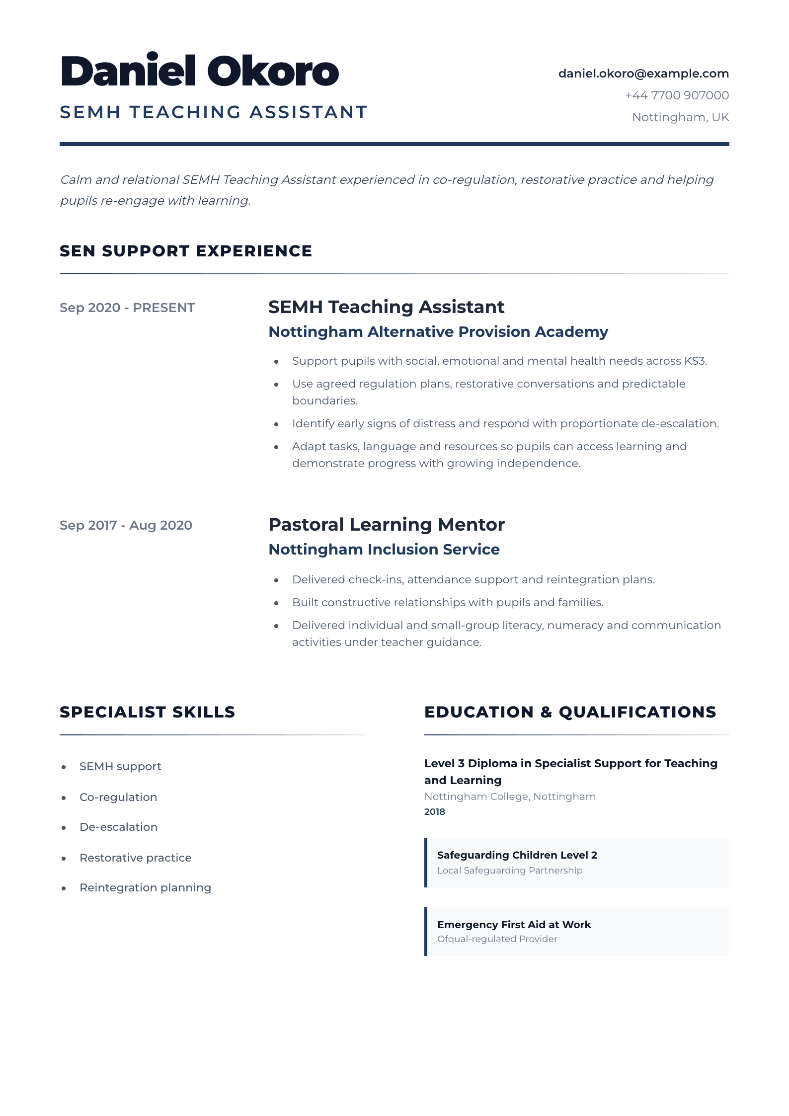 SEMH Teaching Assistant CV template