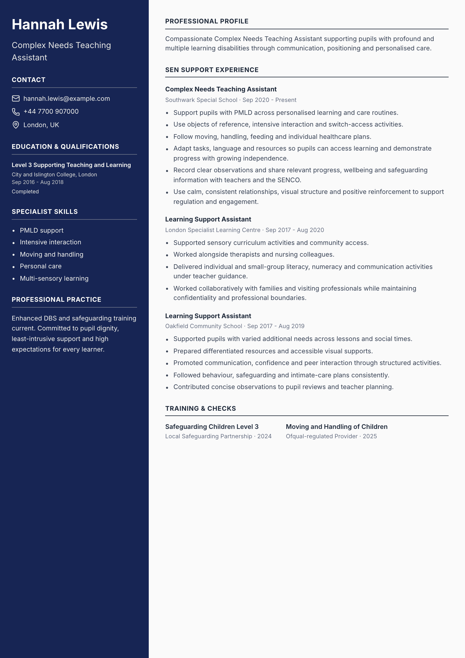 Complex Needs Teaching Assistant CV template