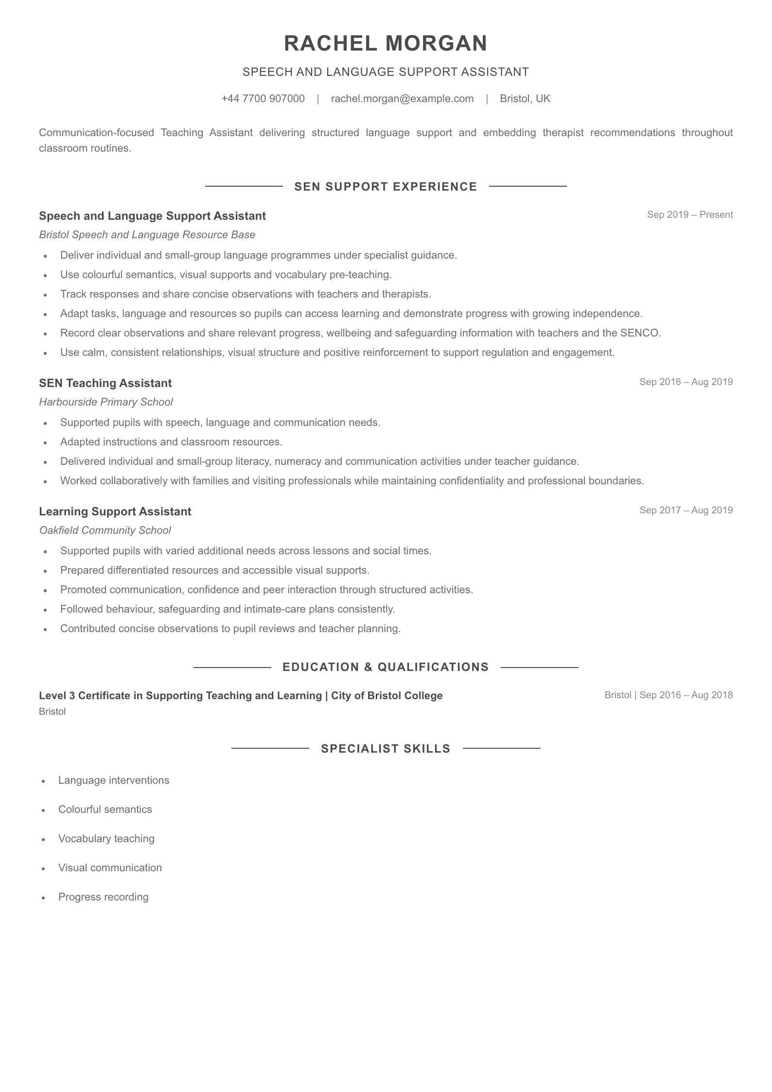 Speech & Language Support Assistant CV template