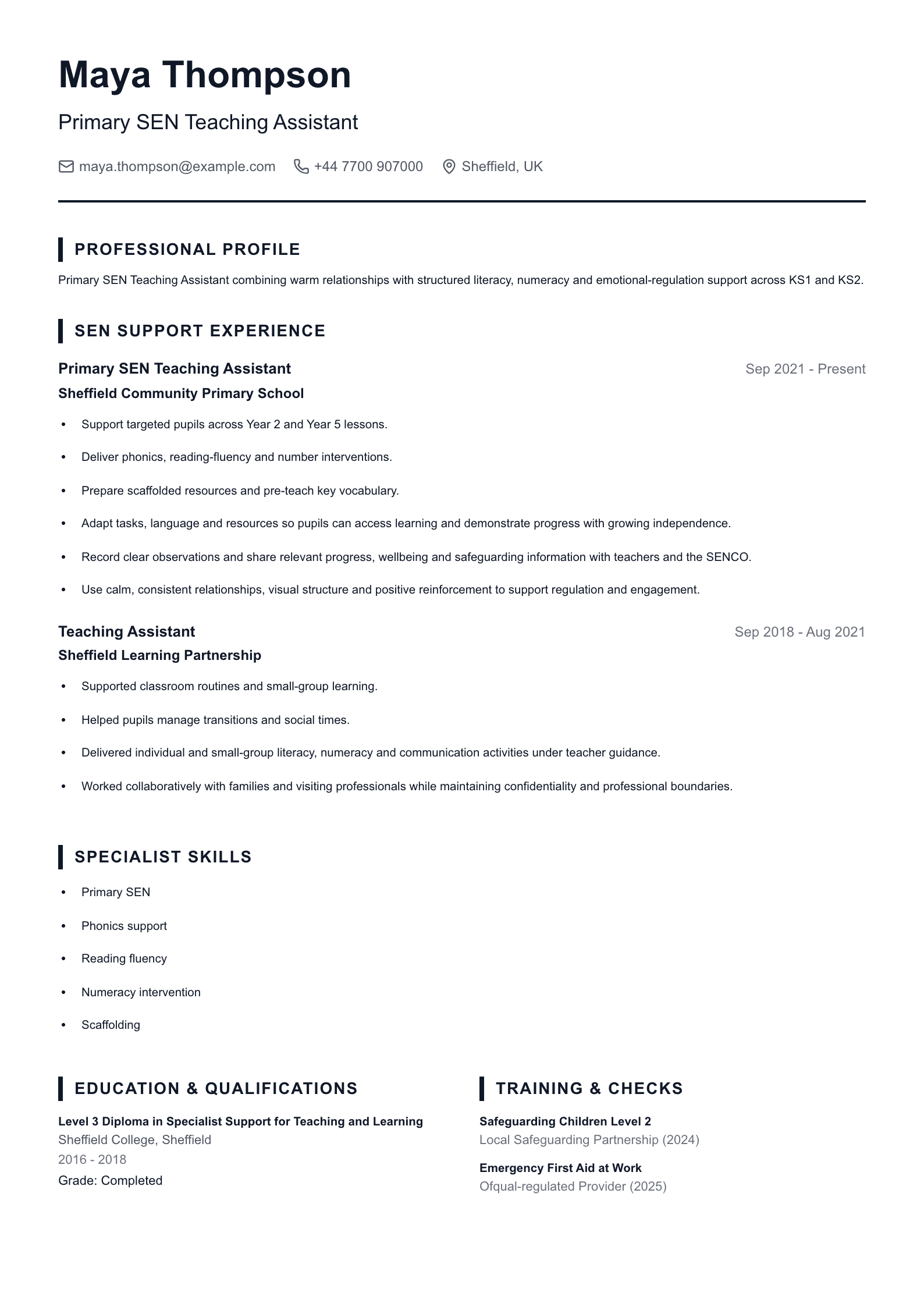 Primary SEN Teaching Assistant CV template
