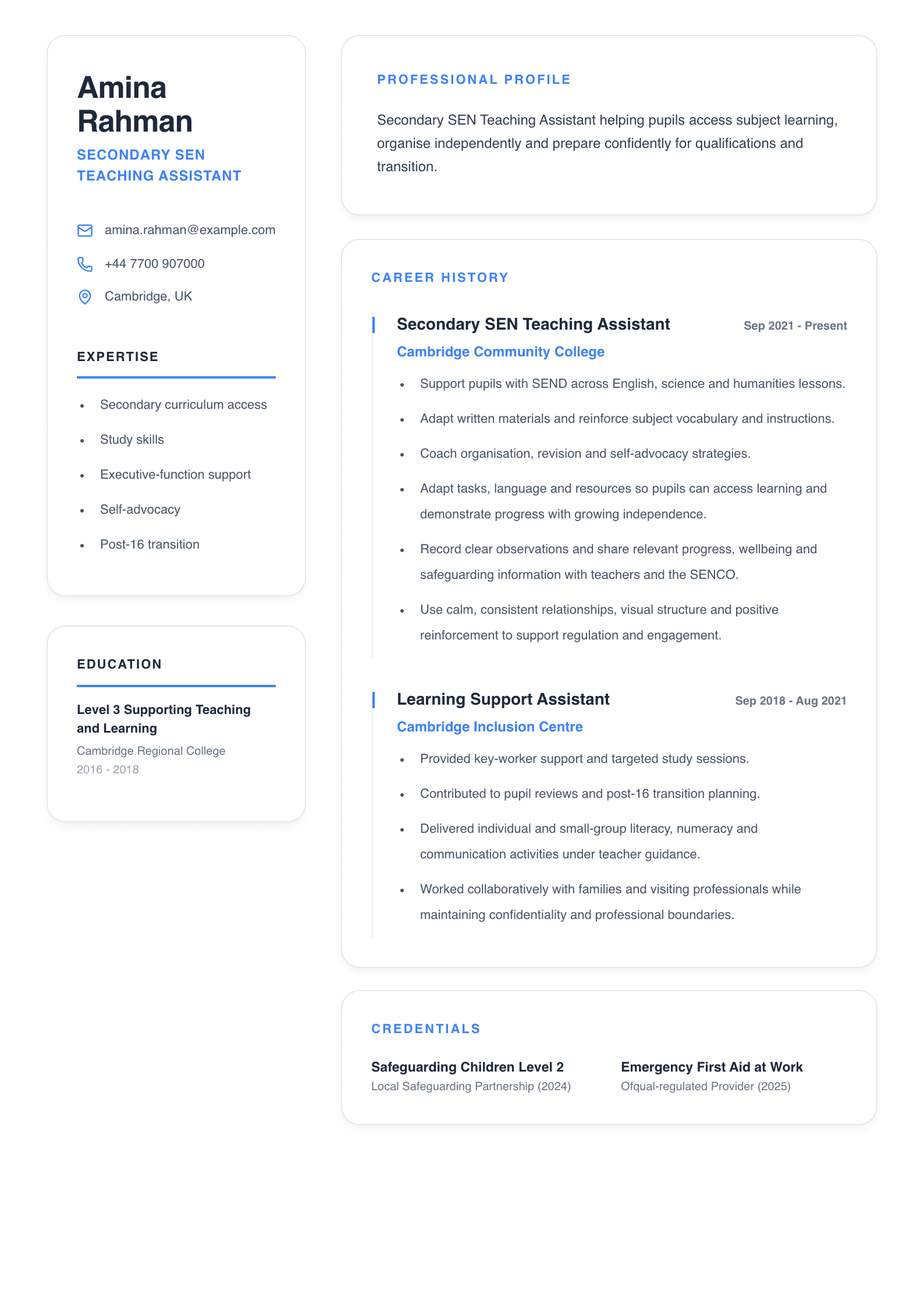 Secondary SEN Teaching Assistant CV template