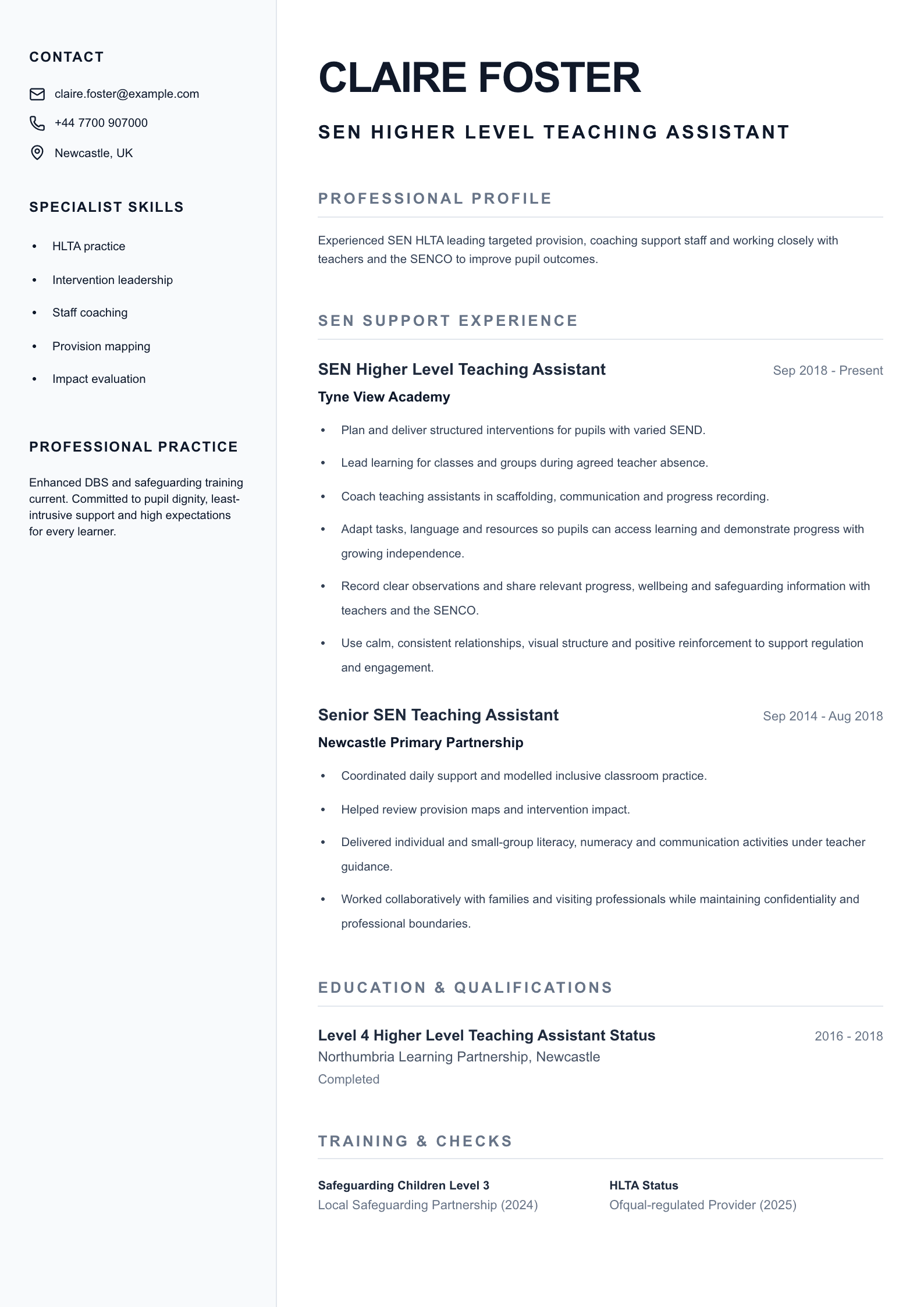 SEN Higher Level Teaching Assistant CV template