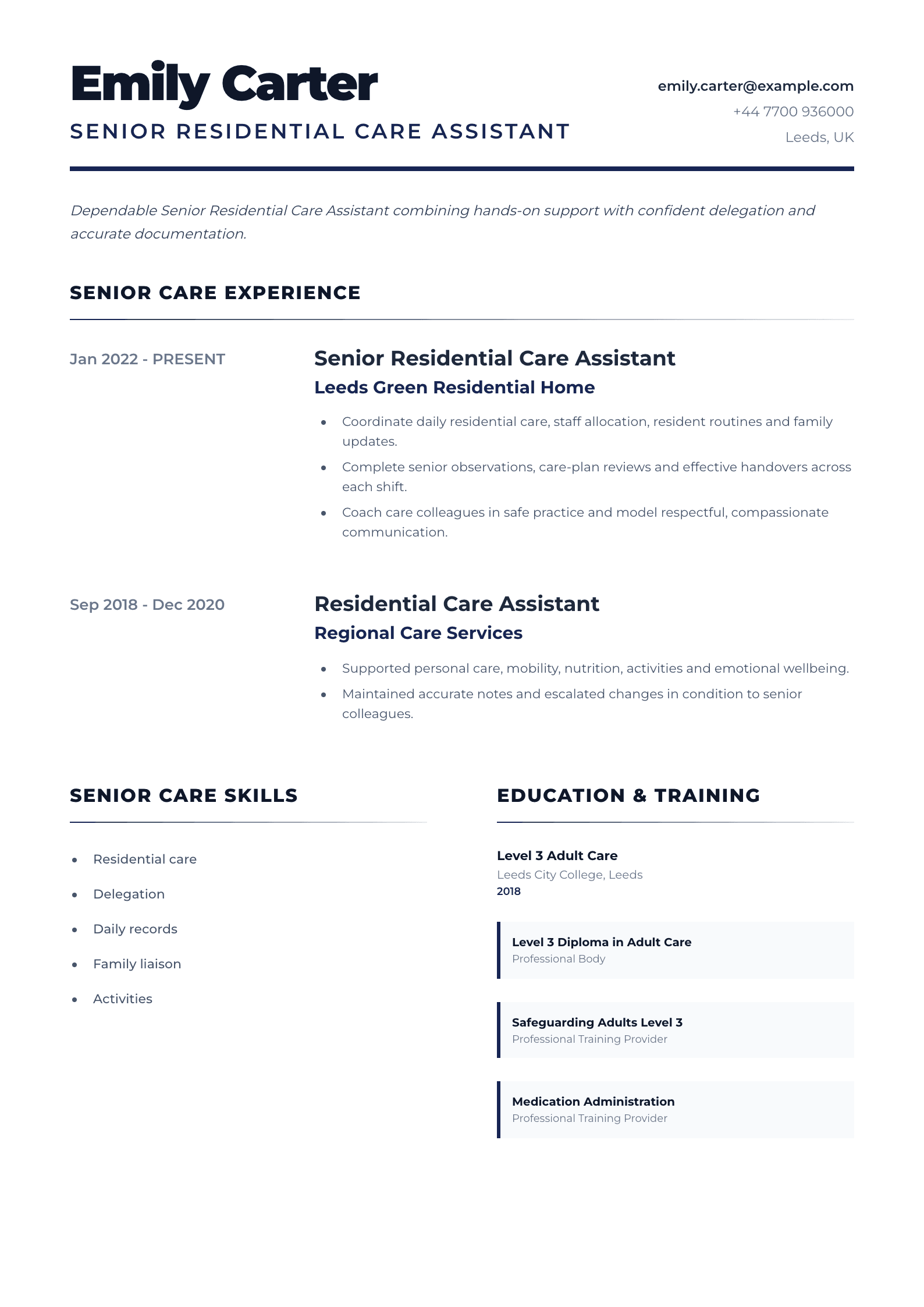 Senior Residential Care Assistant CV template