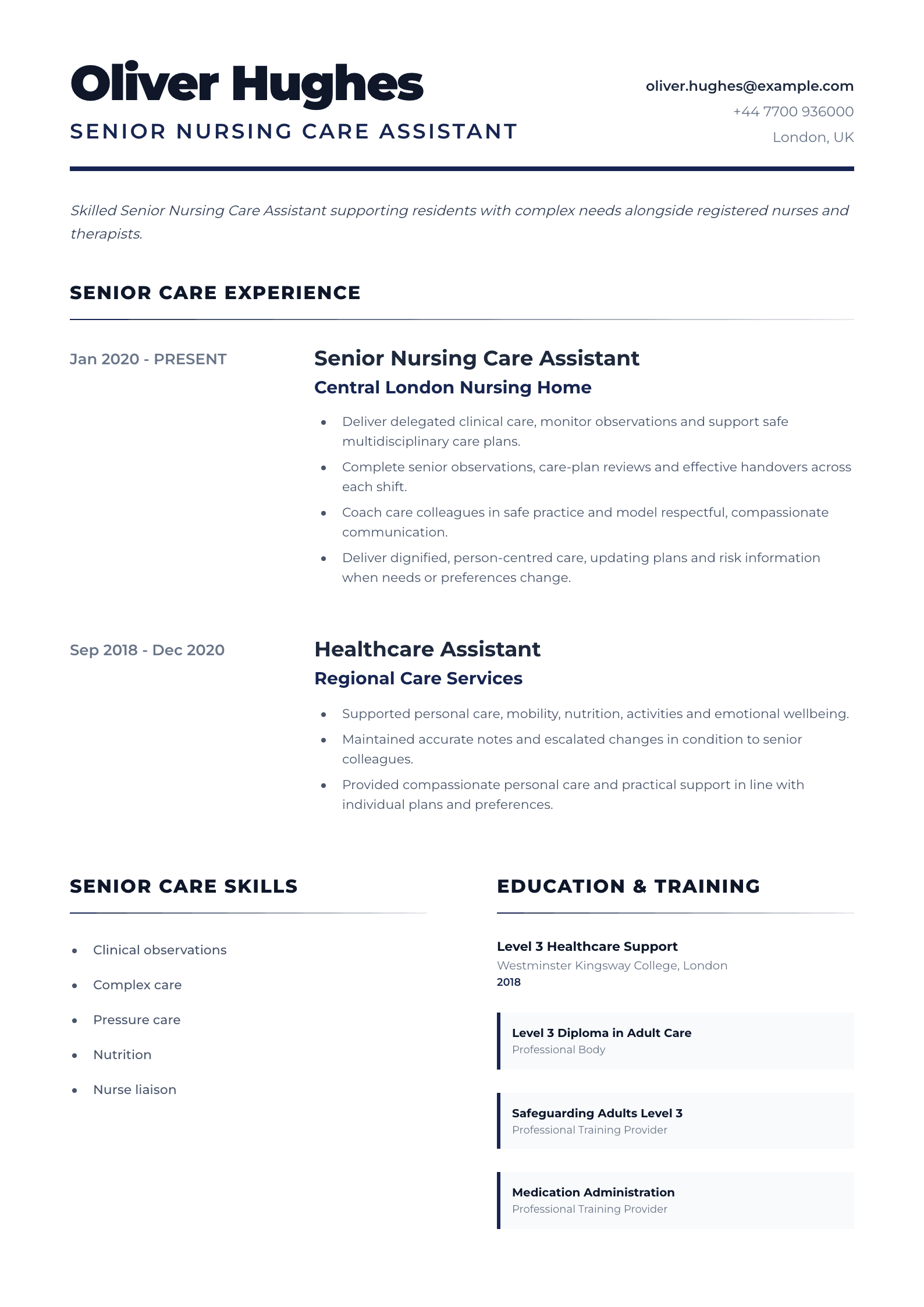 Senior Nursing Care Assistant CV template