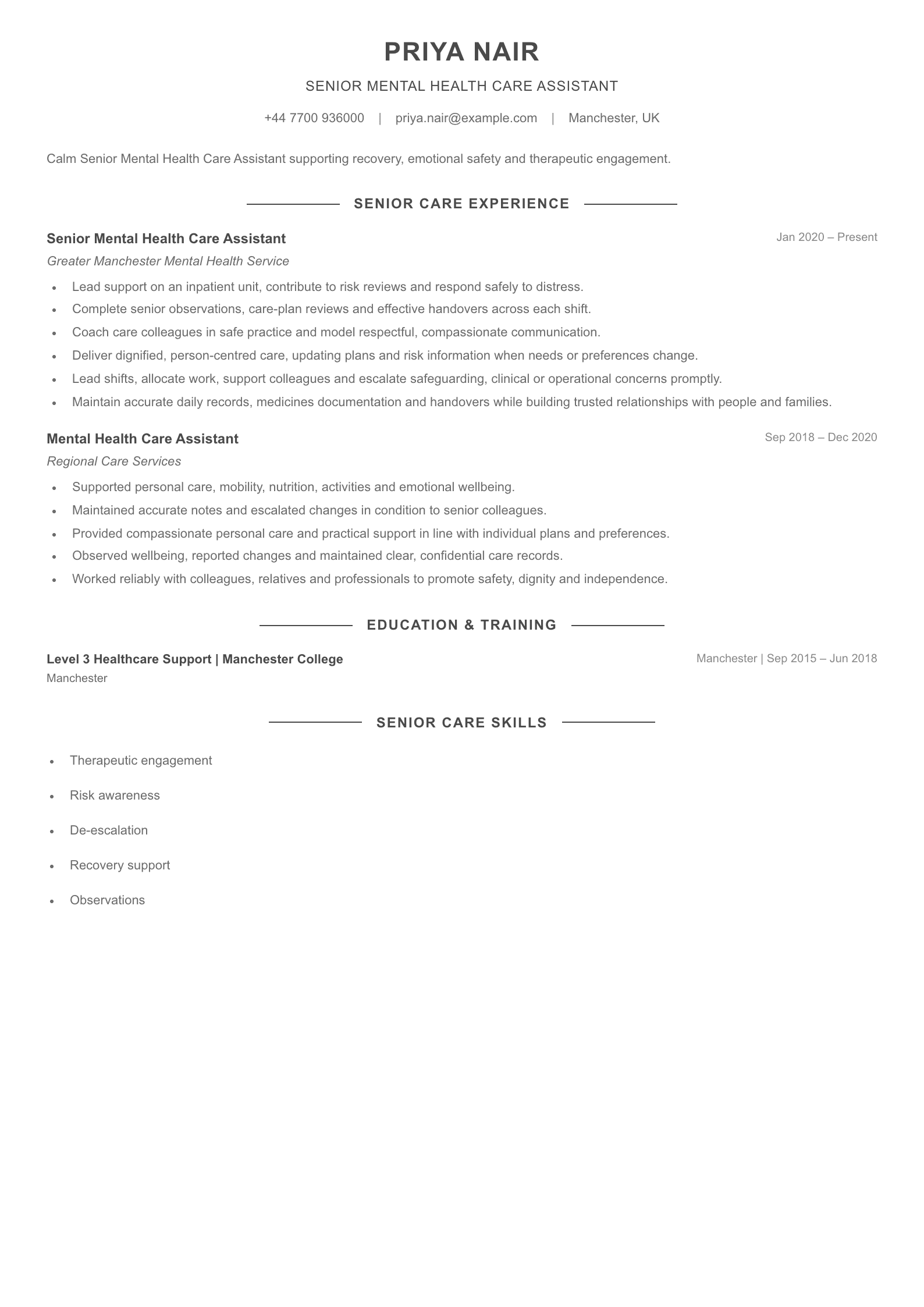 Senior Mental Health Care Assistant CV template