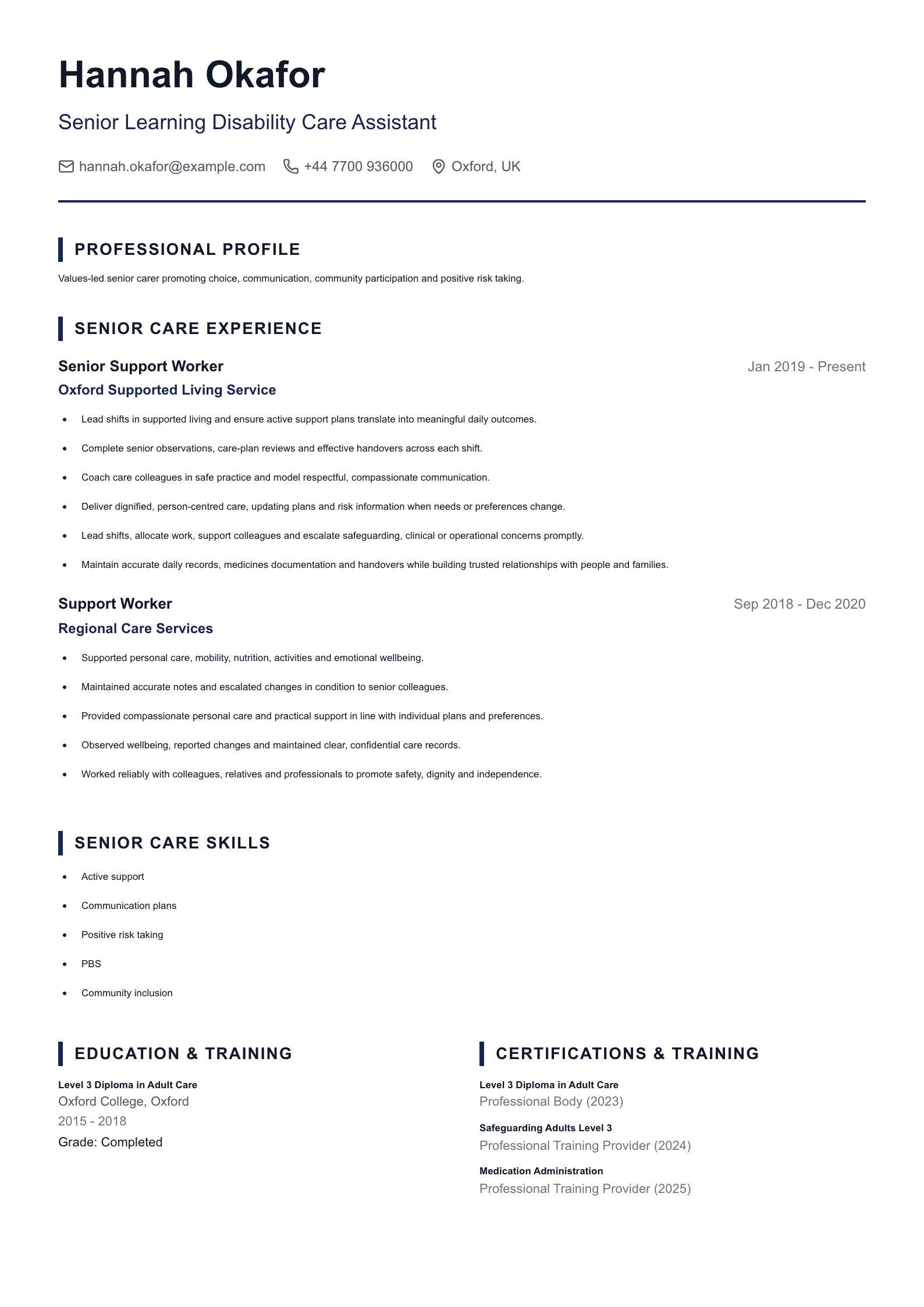 Senior Learning Disability Care Assistant CV template