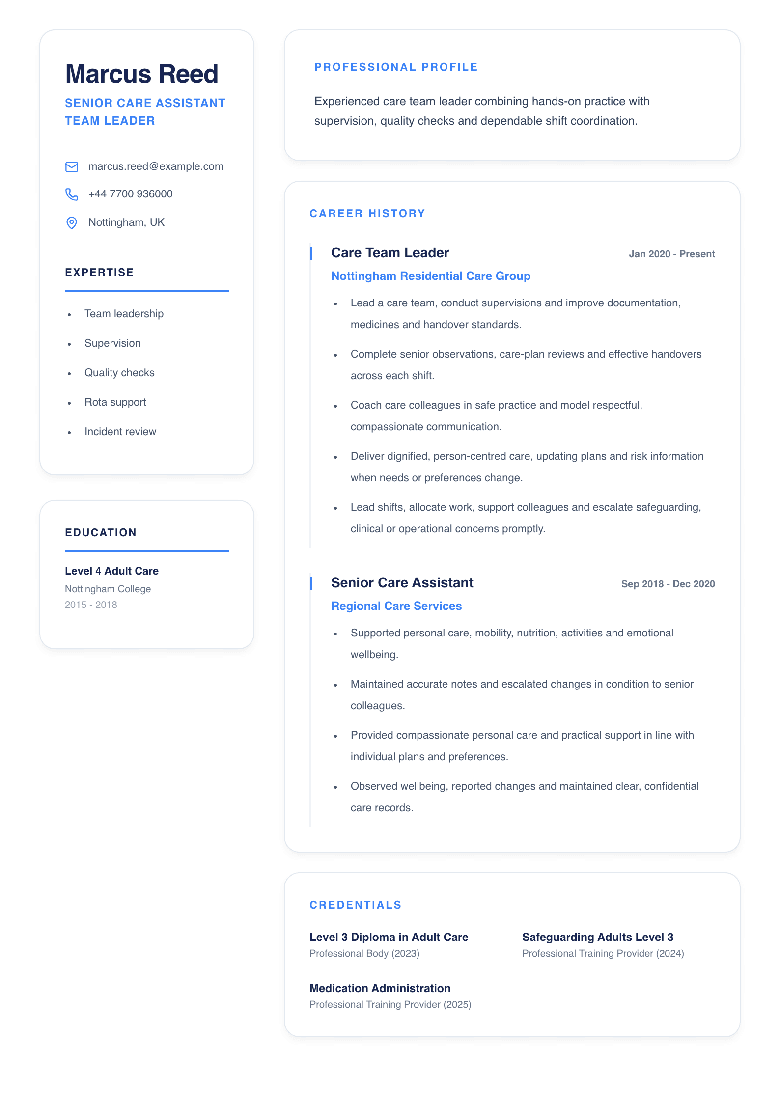 Senior Care Assistant Team Leader CV template