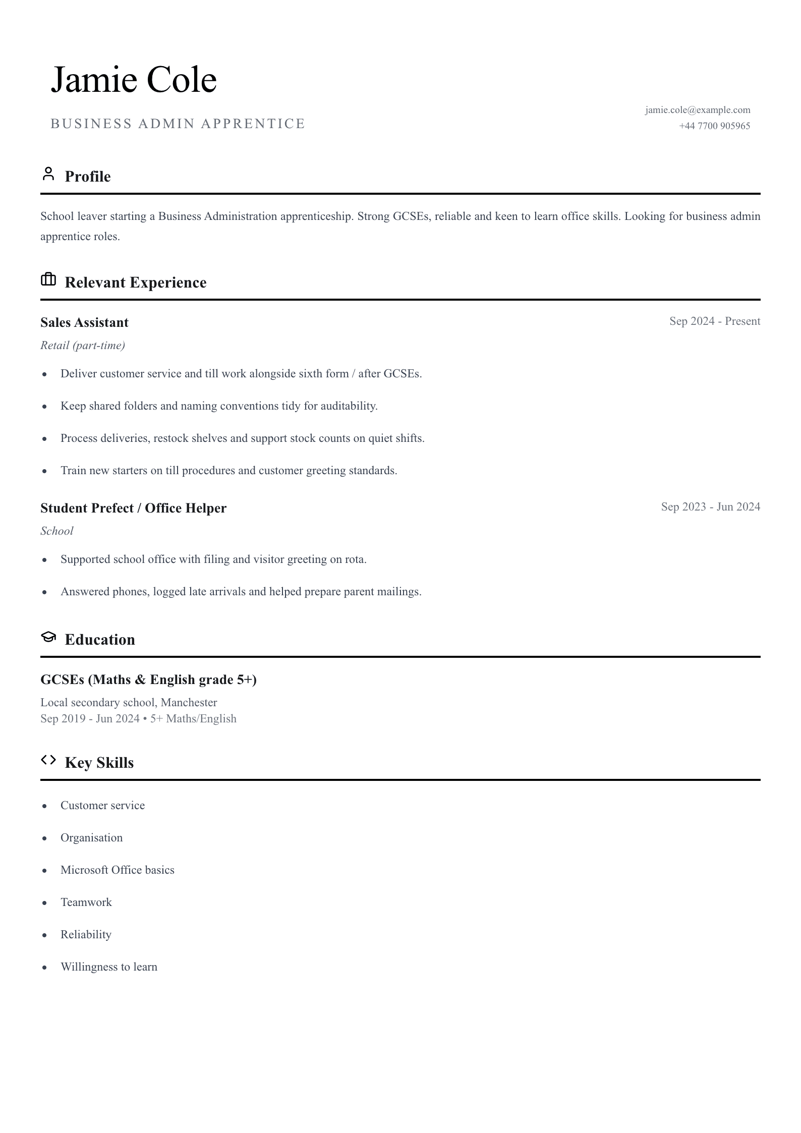business admin apprentice cv template