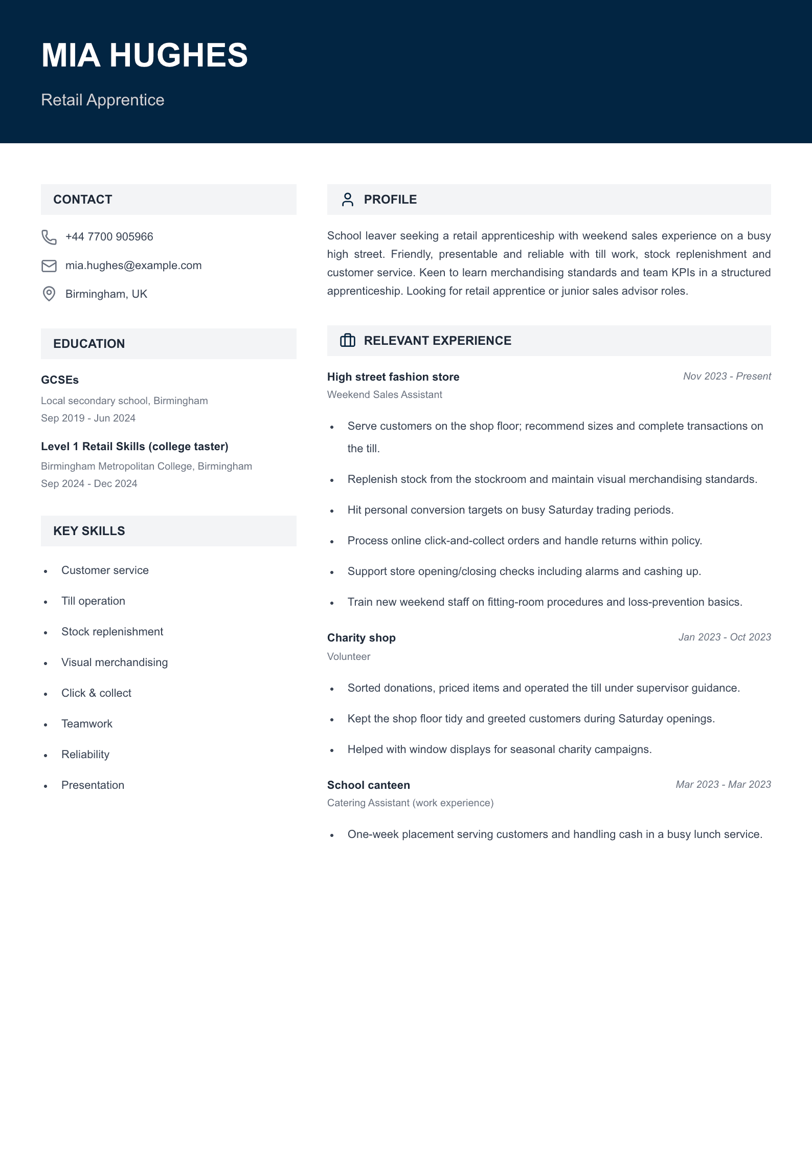 retail apprentice cv template
