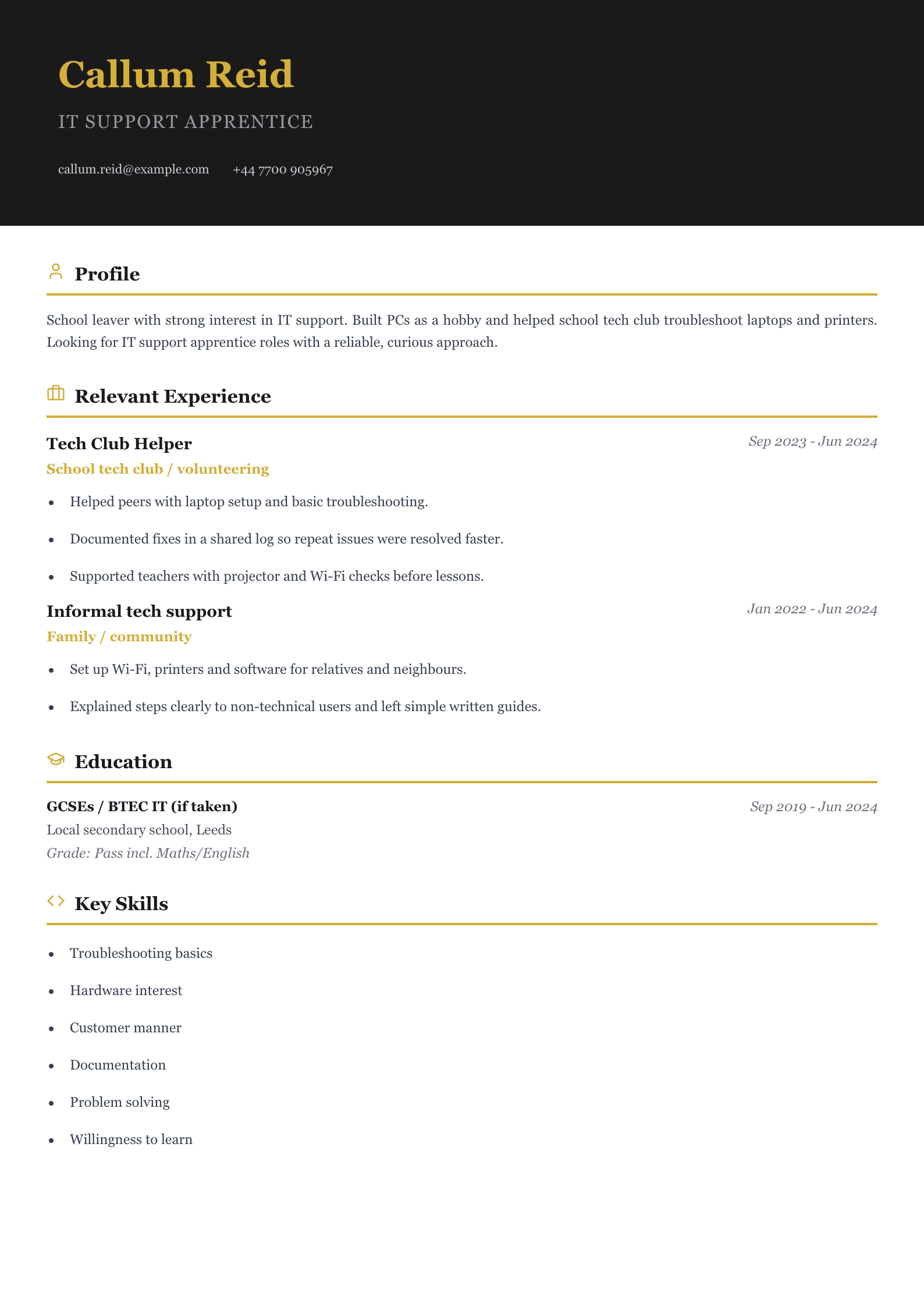 it support apprentice cv template