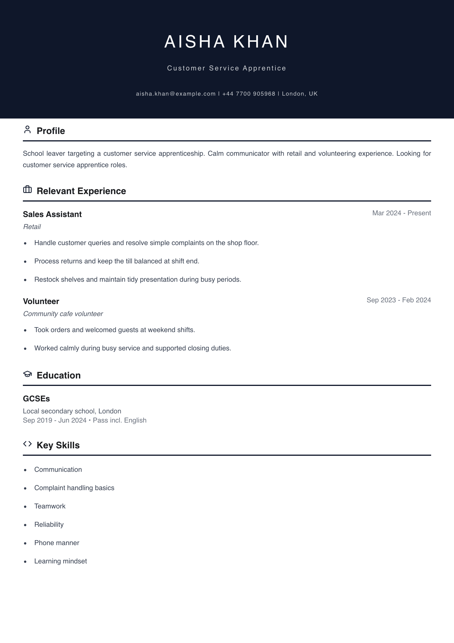customer service apprentice cv template