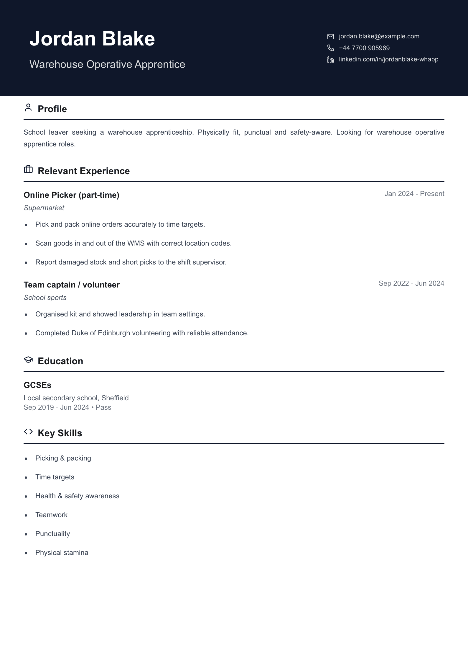 warehouse apprentice cv template