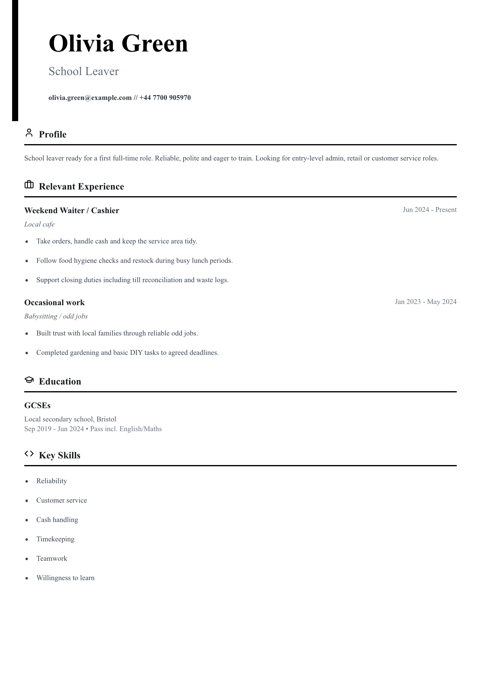 school leaver first job cv template