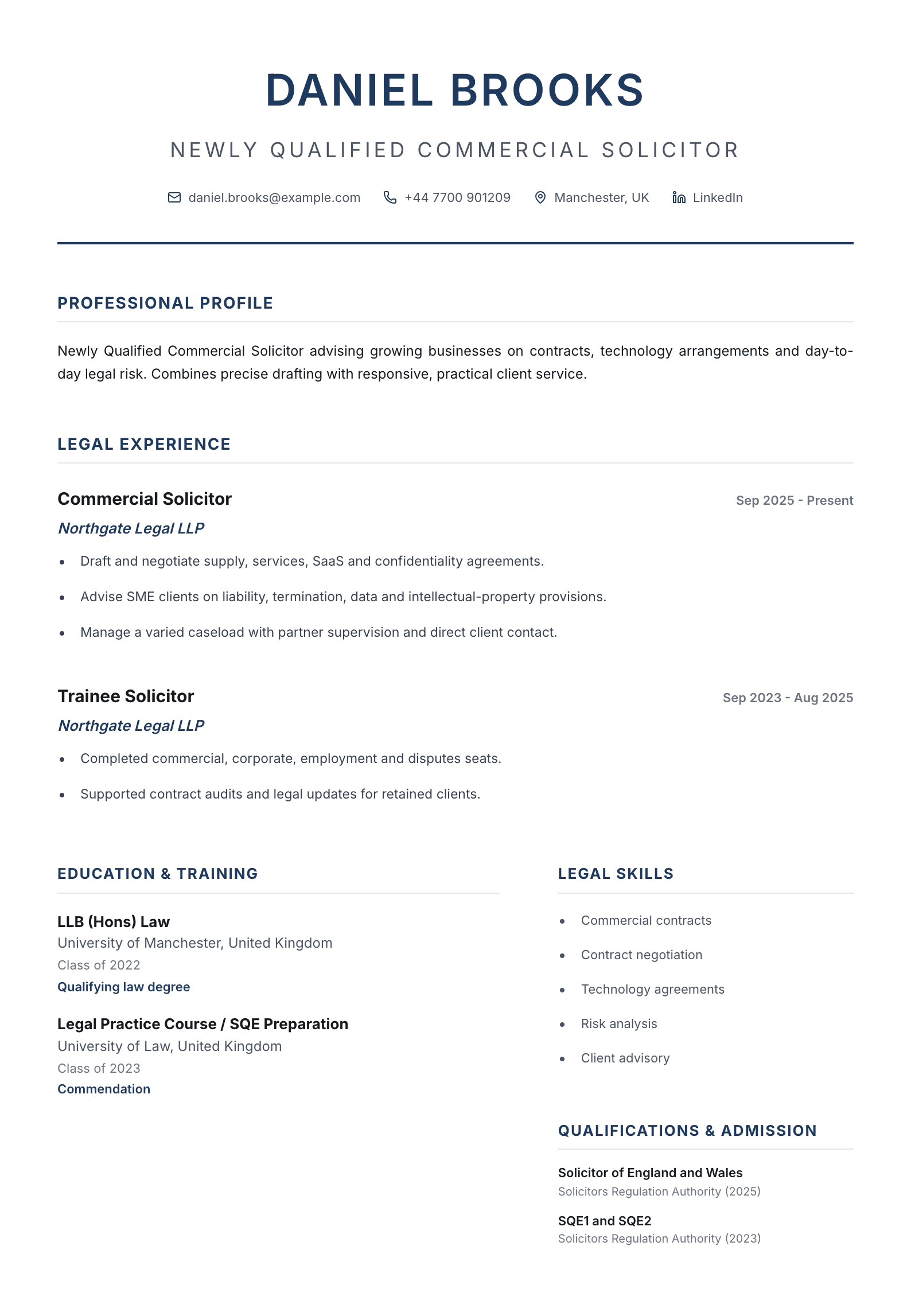 Newly Qualified Solicitor CV template