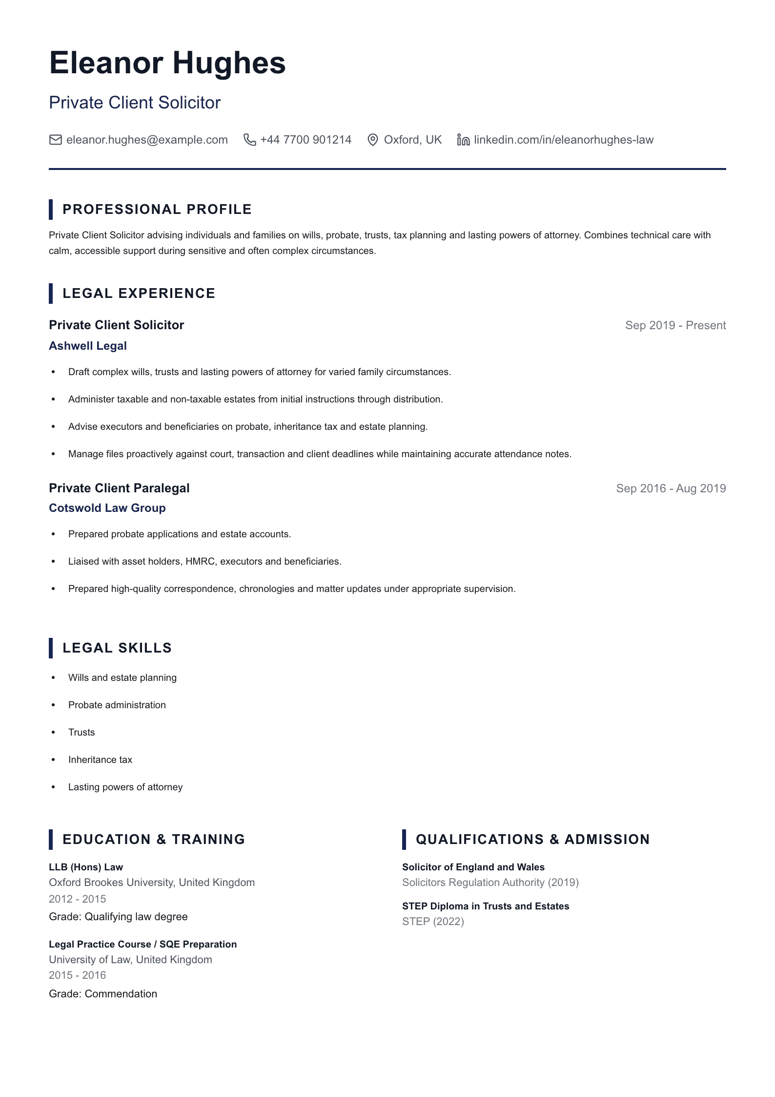 Private Client Solicitor CV template