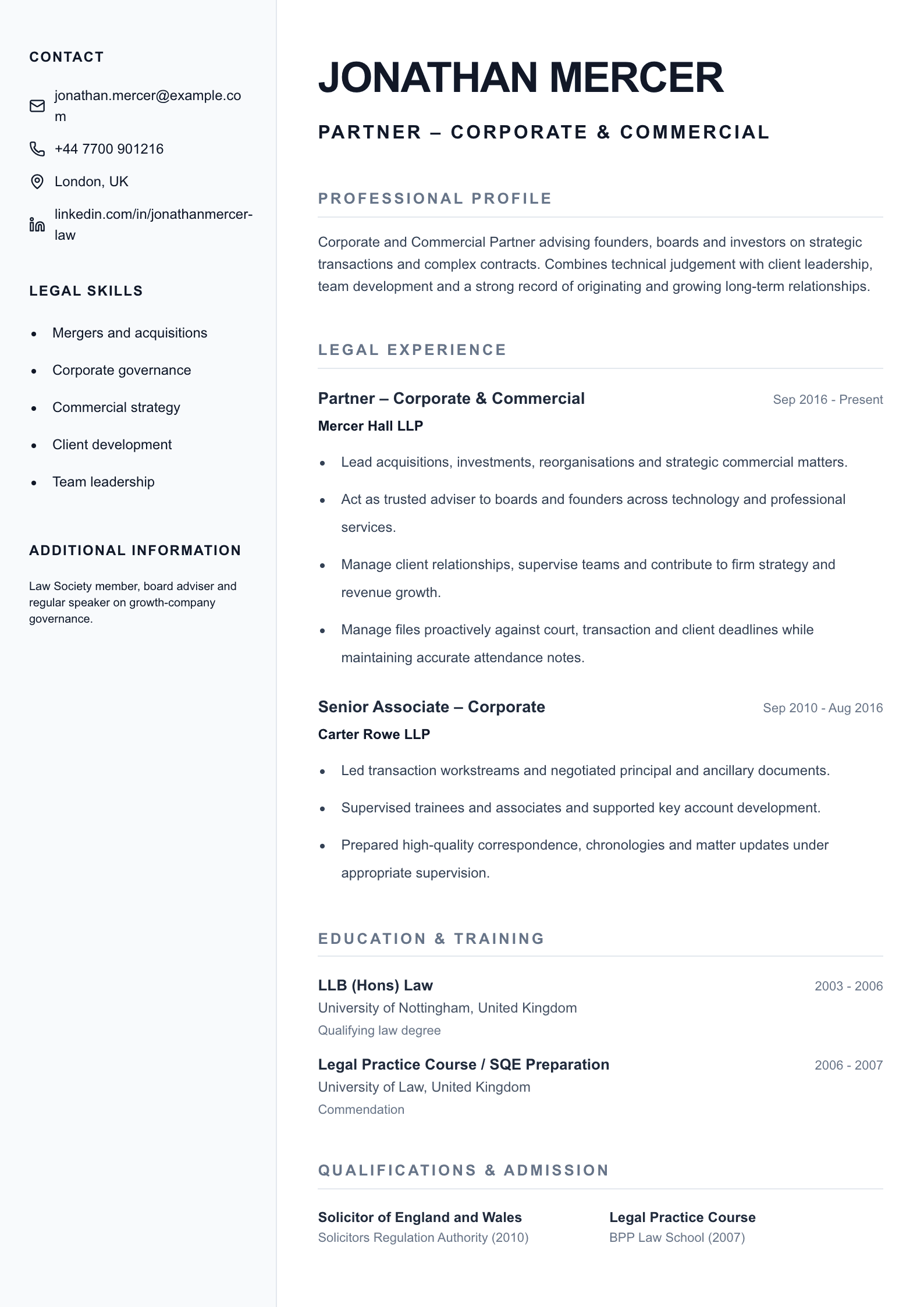 Partner – Corporate & Commercial CV template