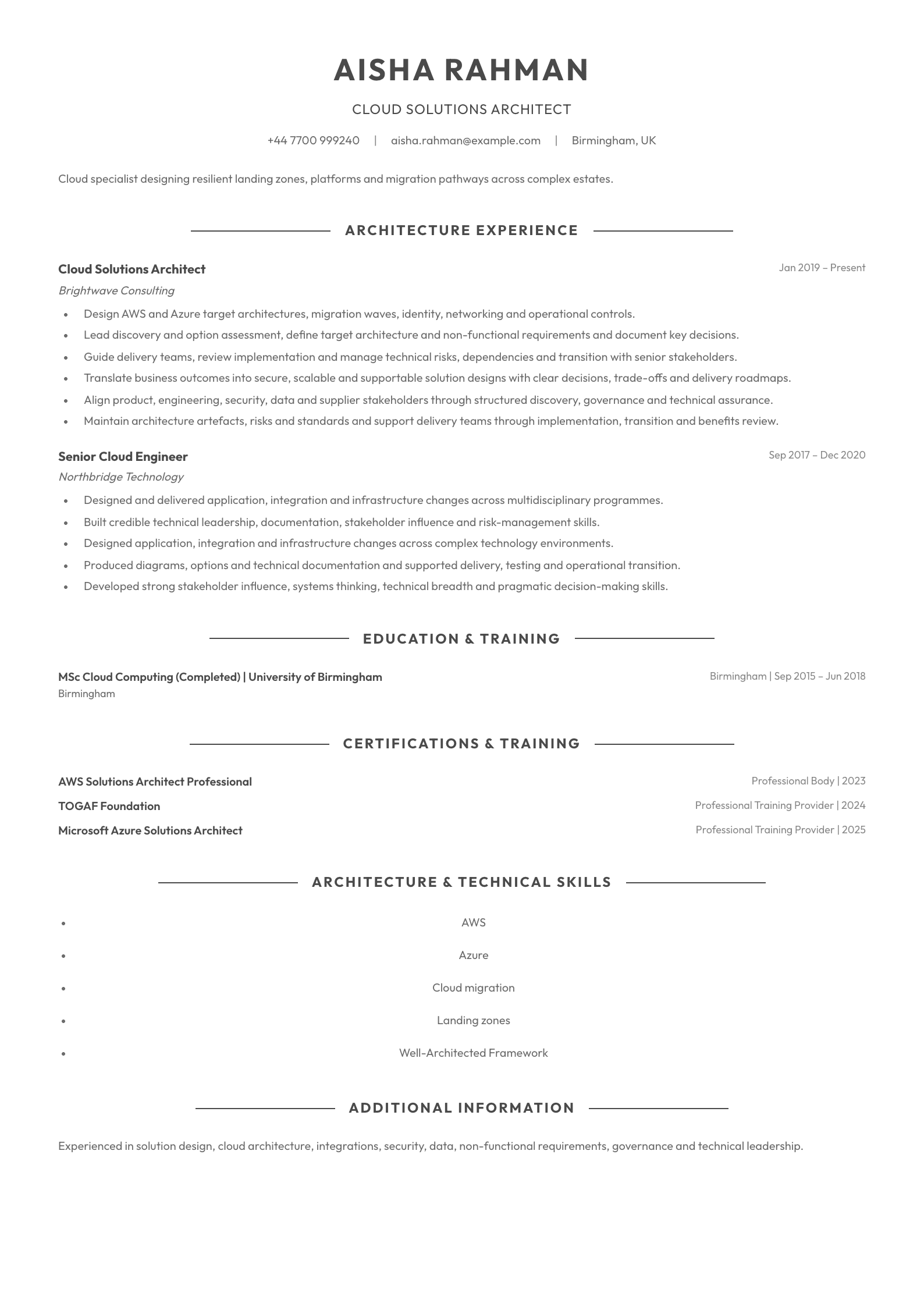 Cloud Solutions Architect CV template