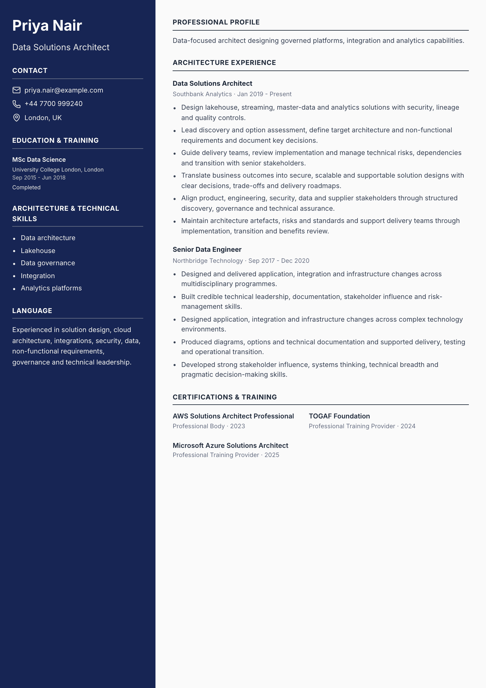 Data Solutions Architect CV template