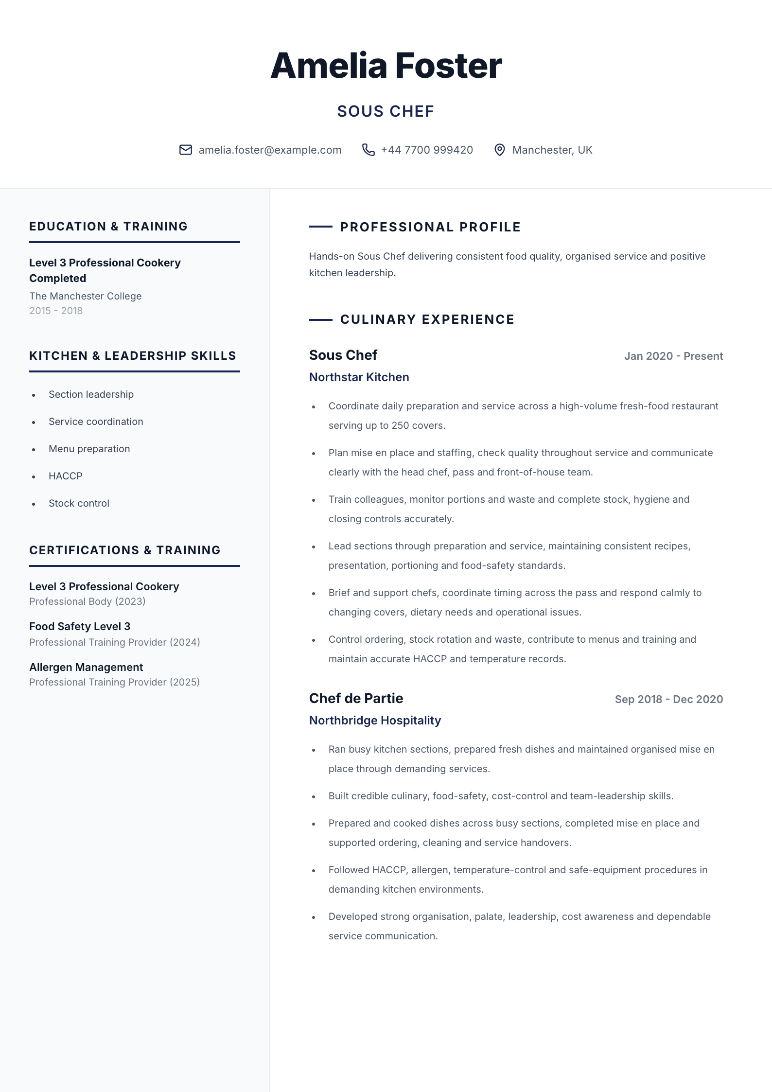 Sous chef CV