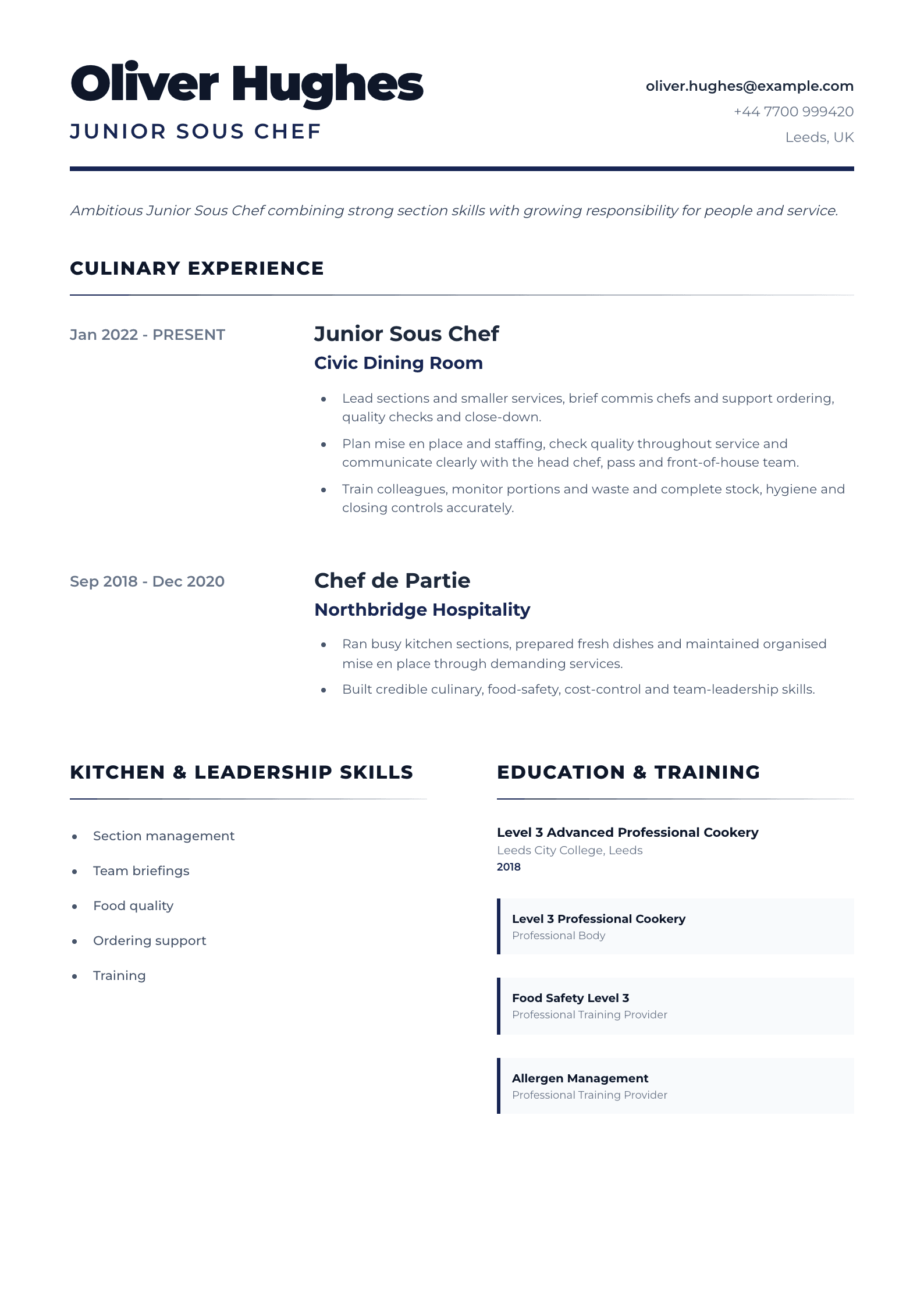 Junior Sous Chef CV template