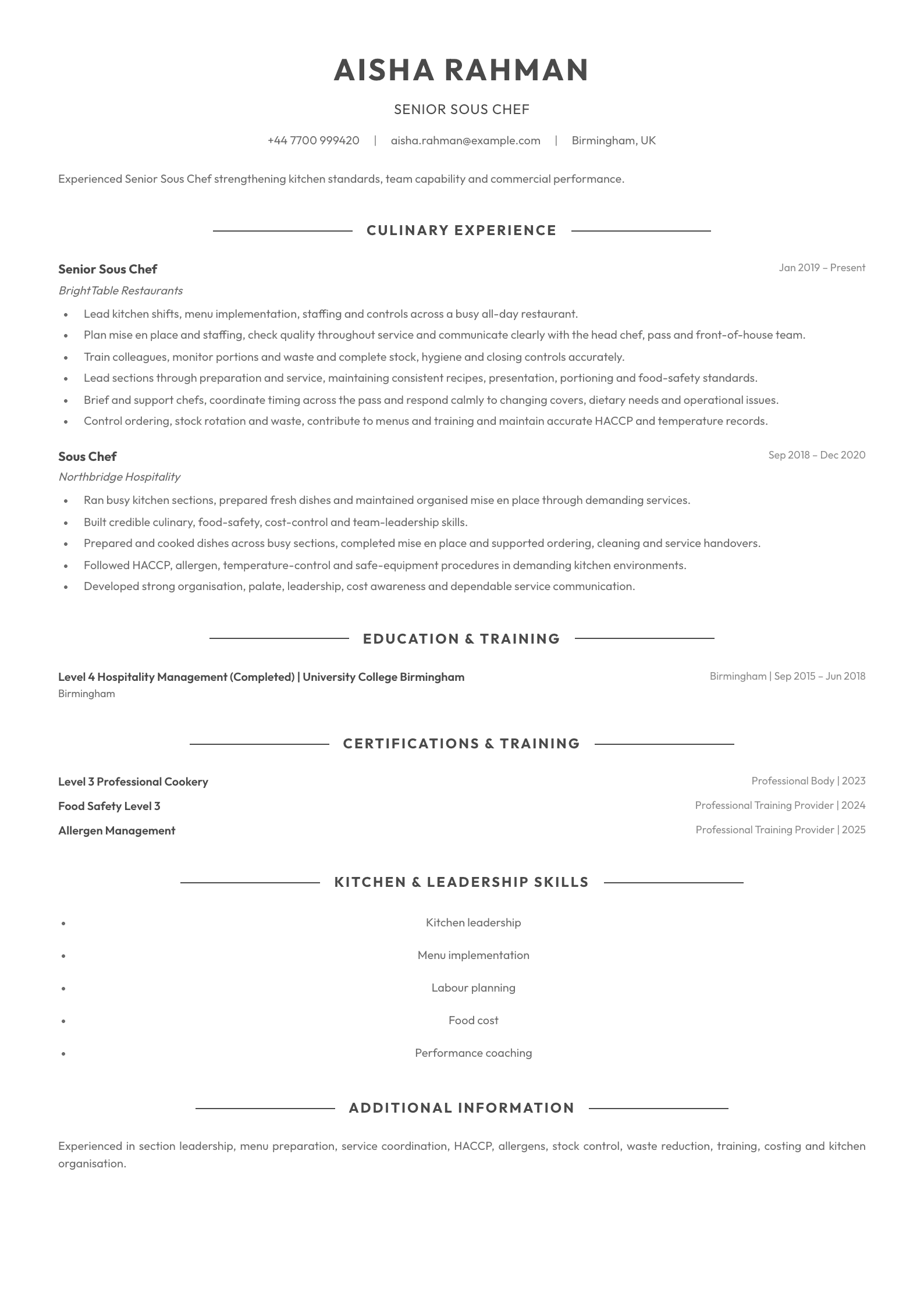 Senior Sous Chef CV template