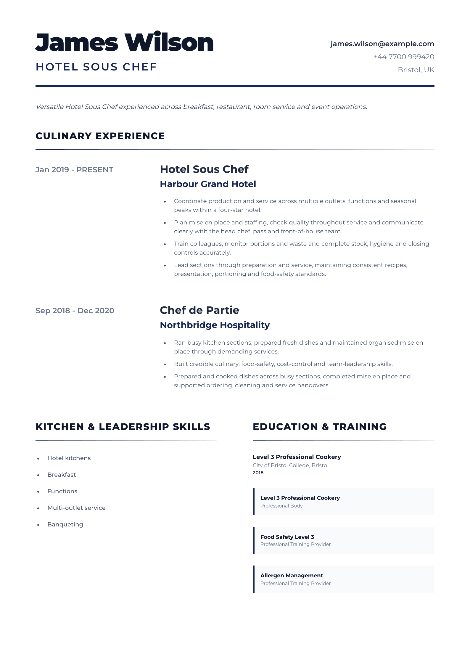 Hotel Sous Chef CV template