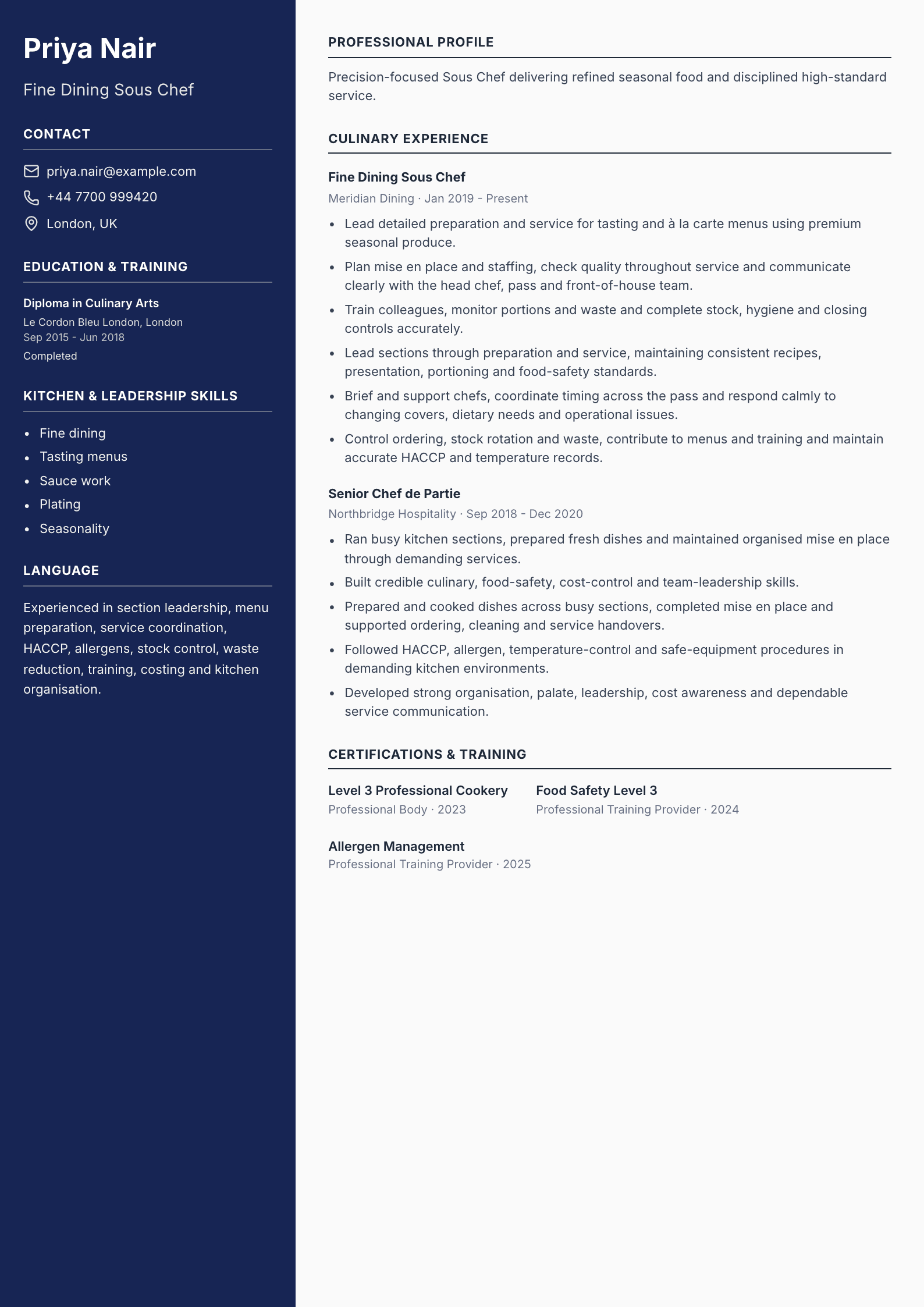 Fine Dining Sous Chef CV template