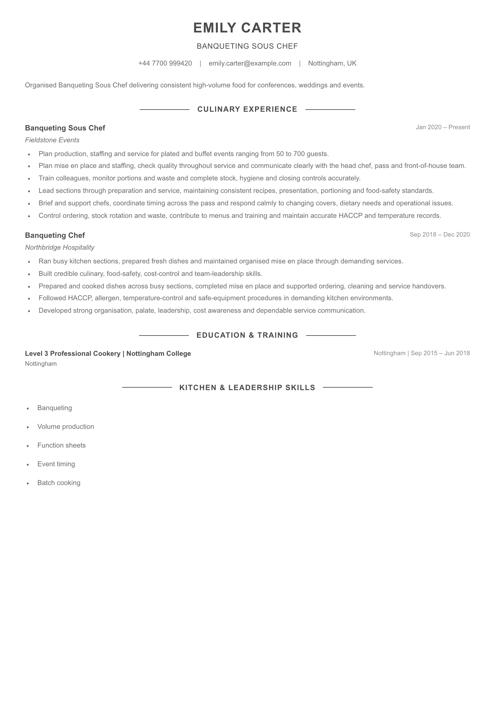 Banqueting Sous Chef CV template