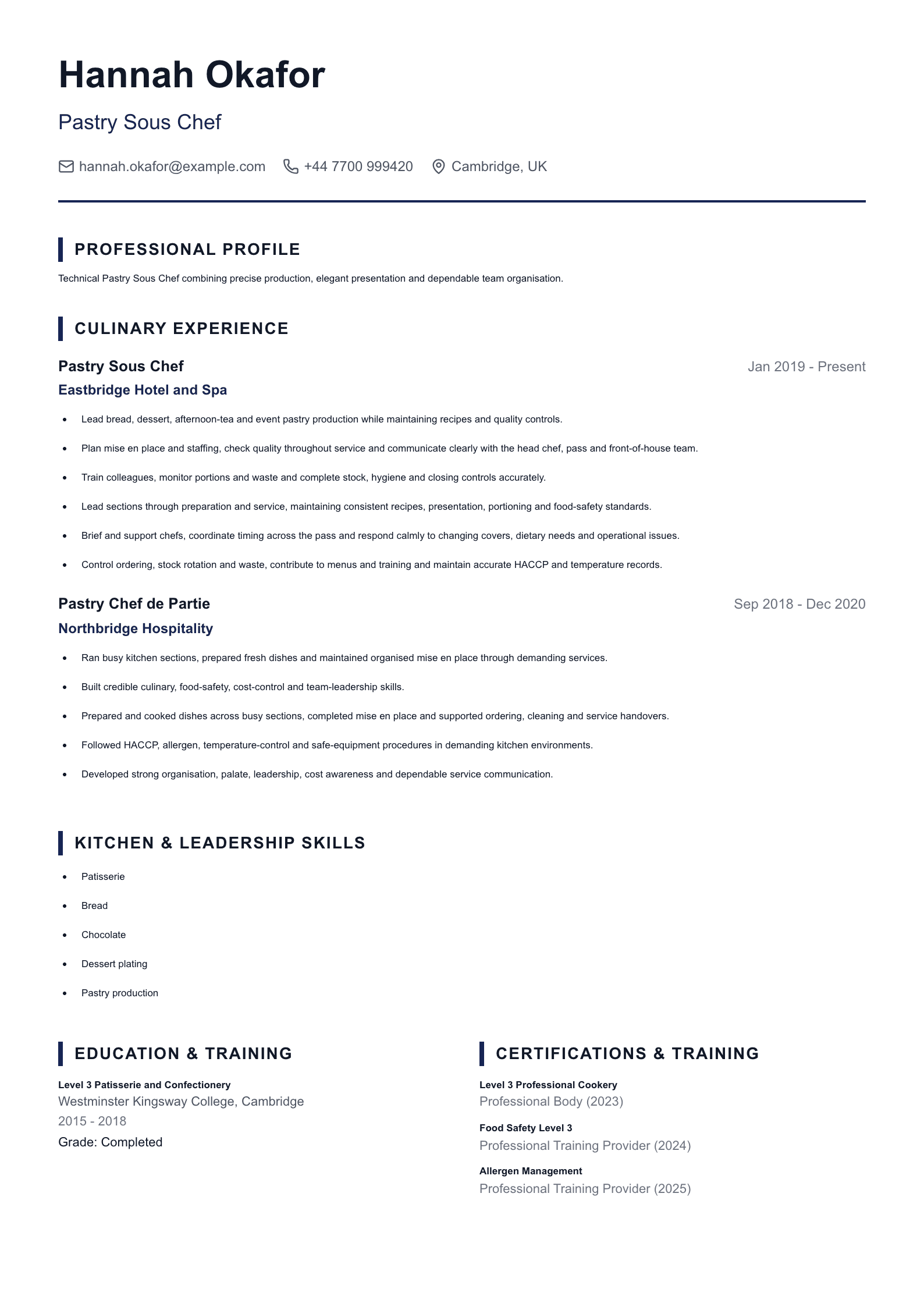 Pastry Sous Chef CV template