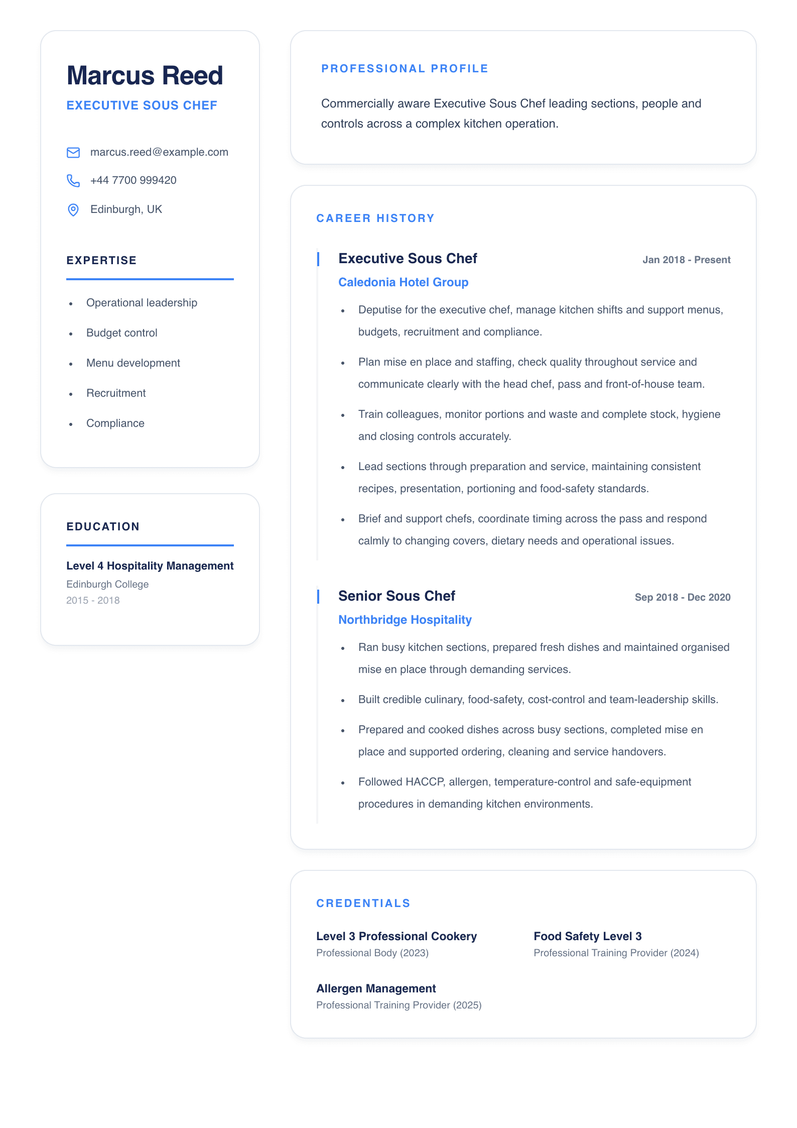 Executive Sous Chef CV template