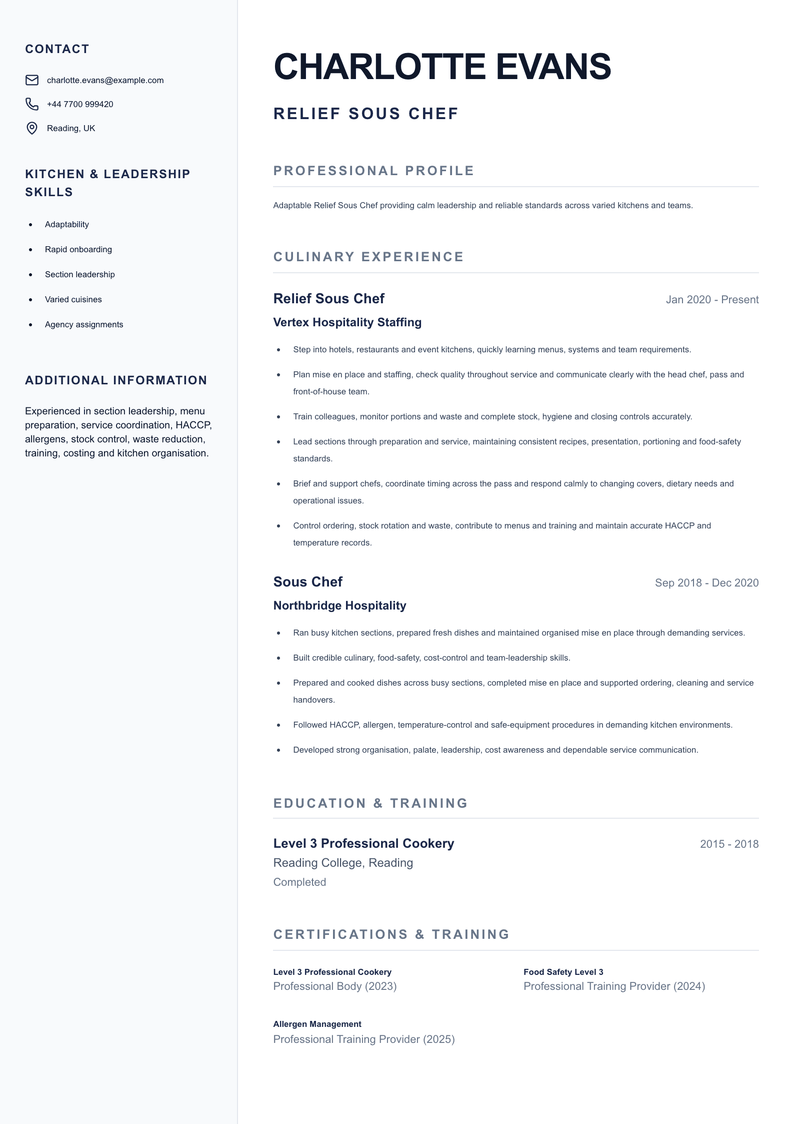 Relief Sous Chef CV template