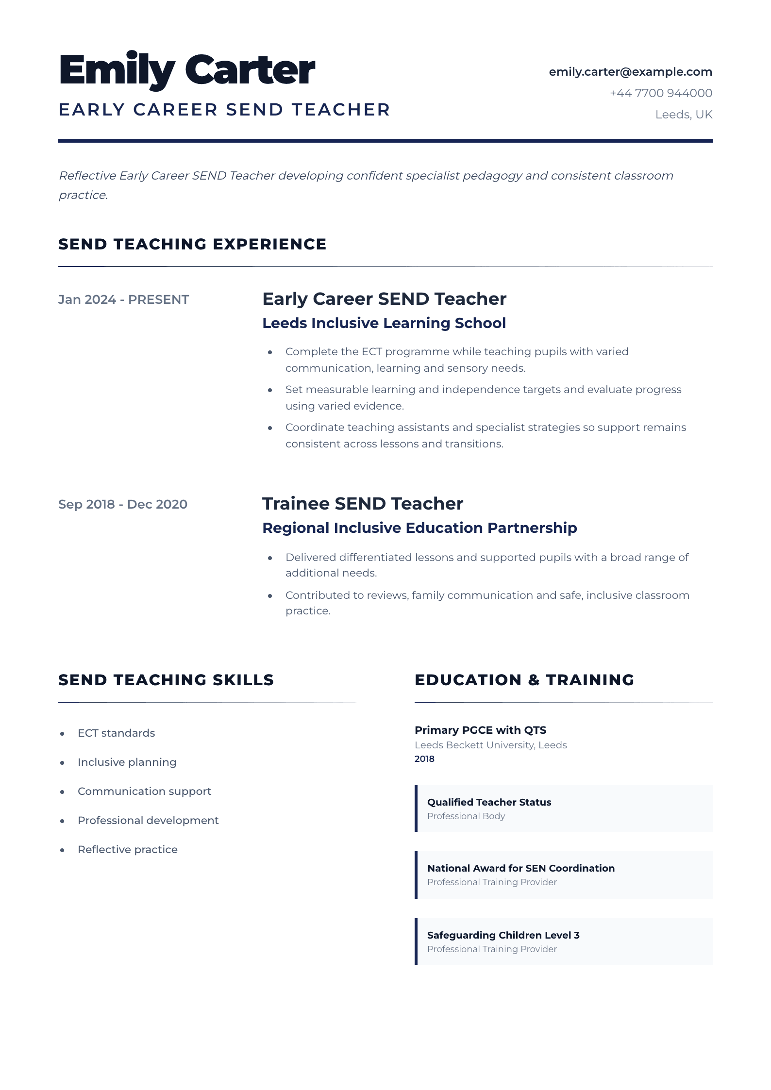 Early Career SEND Teacher CV template