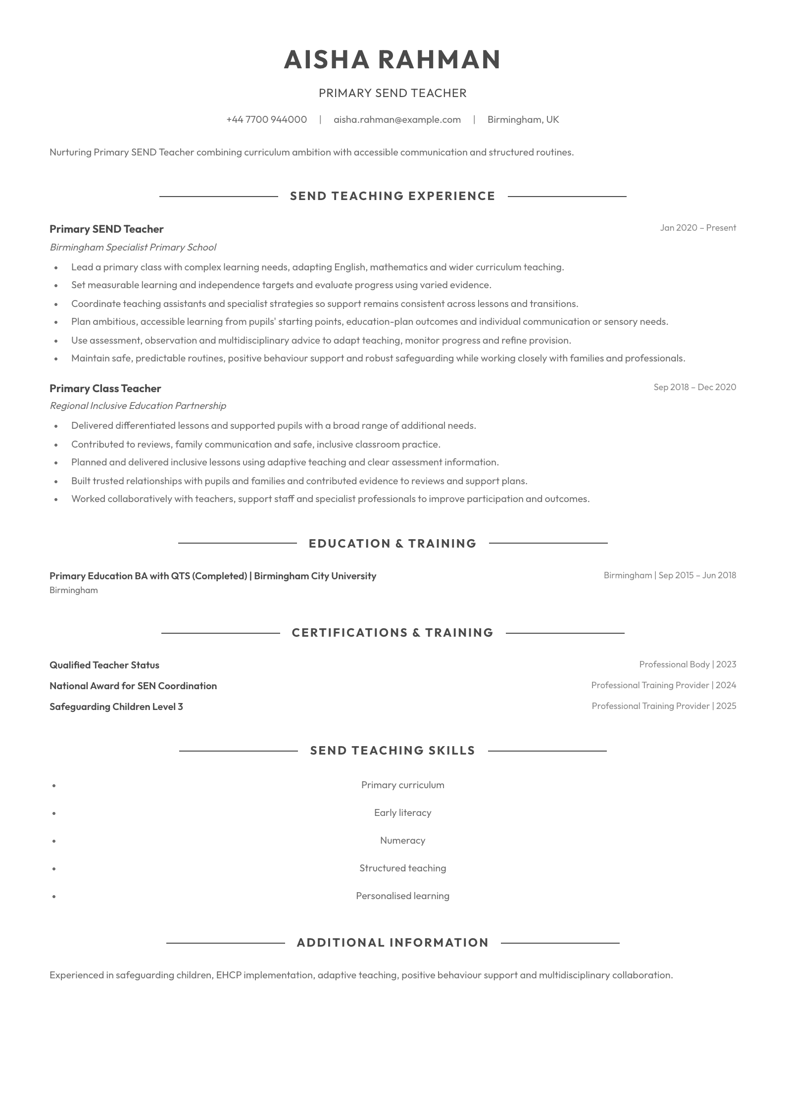 Primary SEND Teacher CV template
