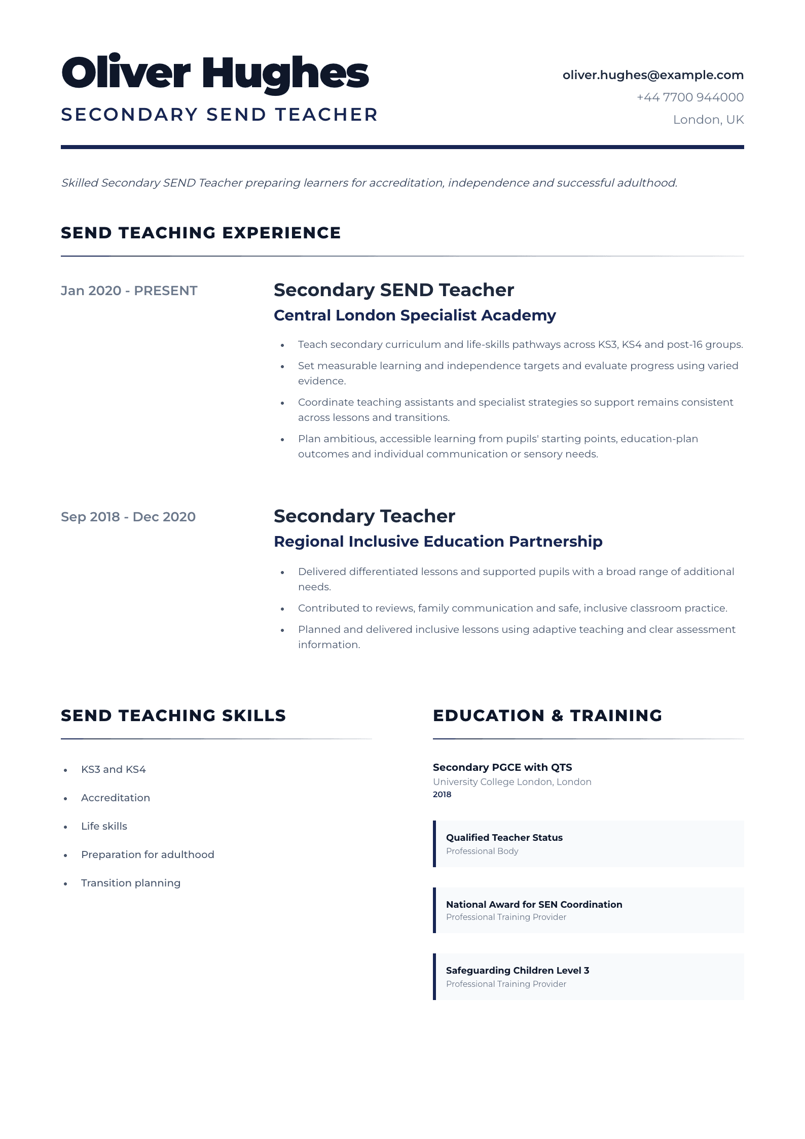 Secondary SEND Teacher CV template