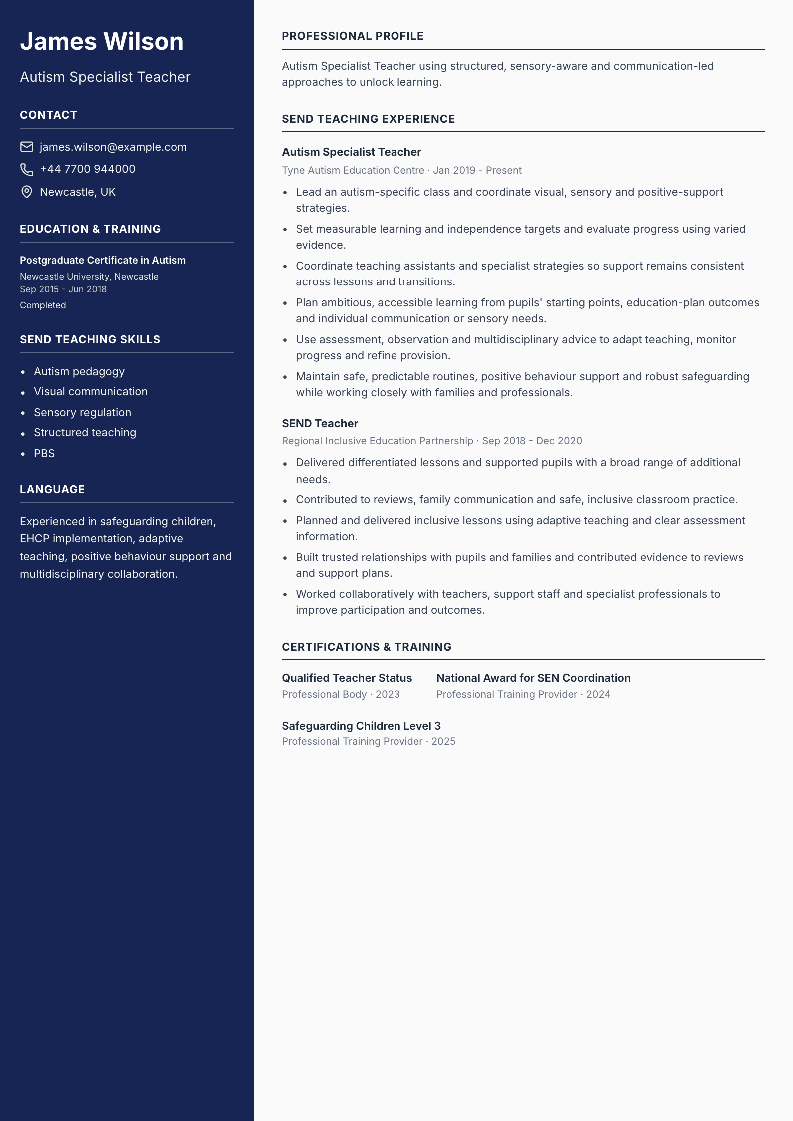 Autism Specialist Teacher CV template