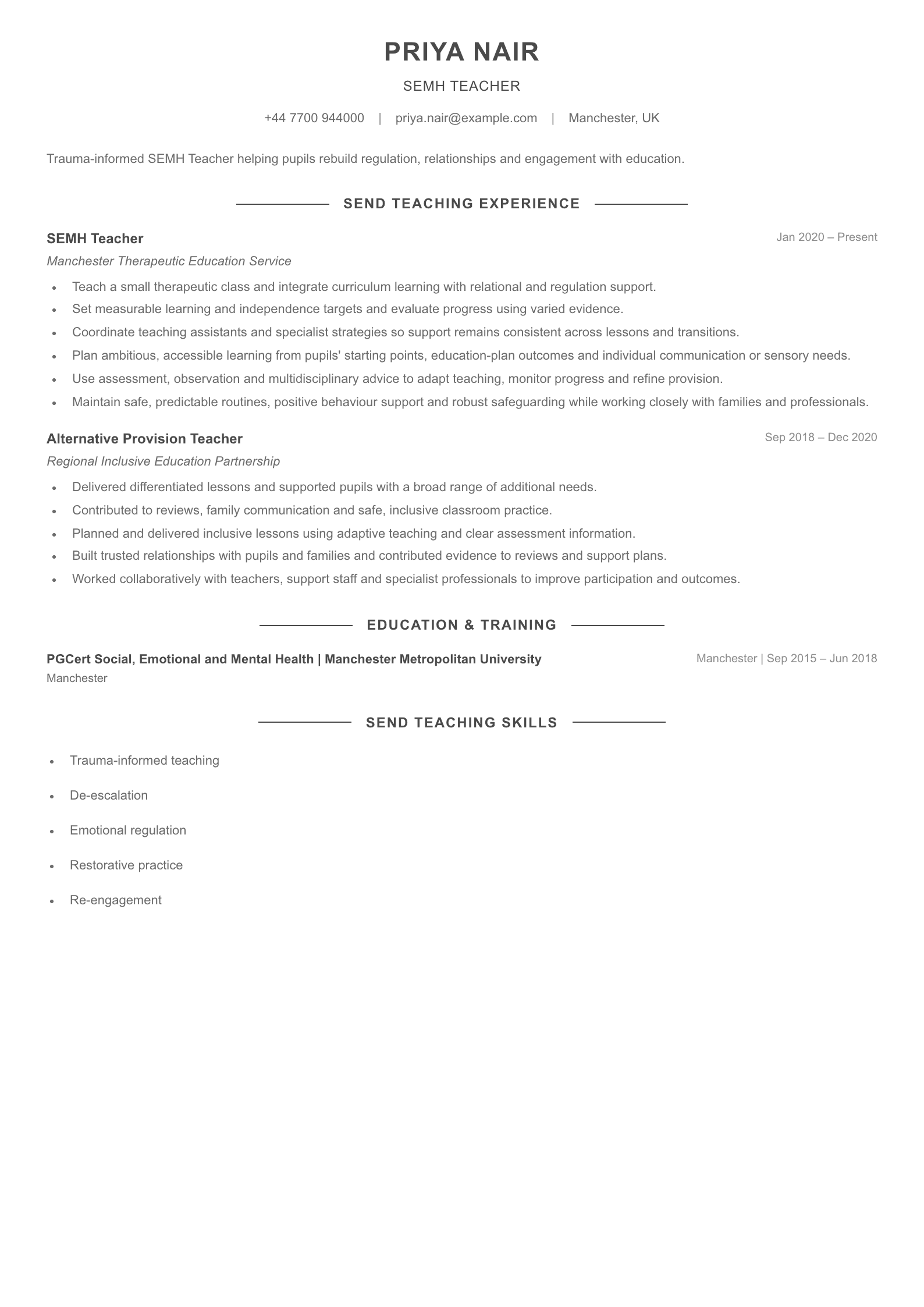 SEMH Teacher CV template