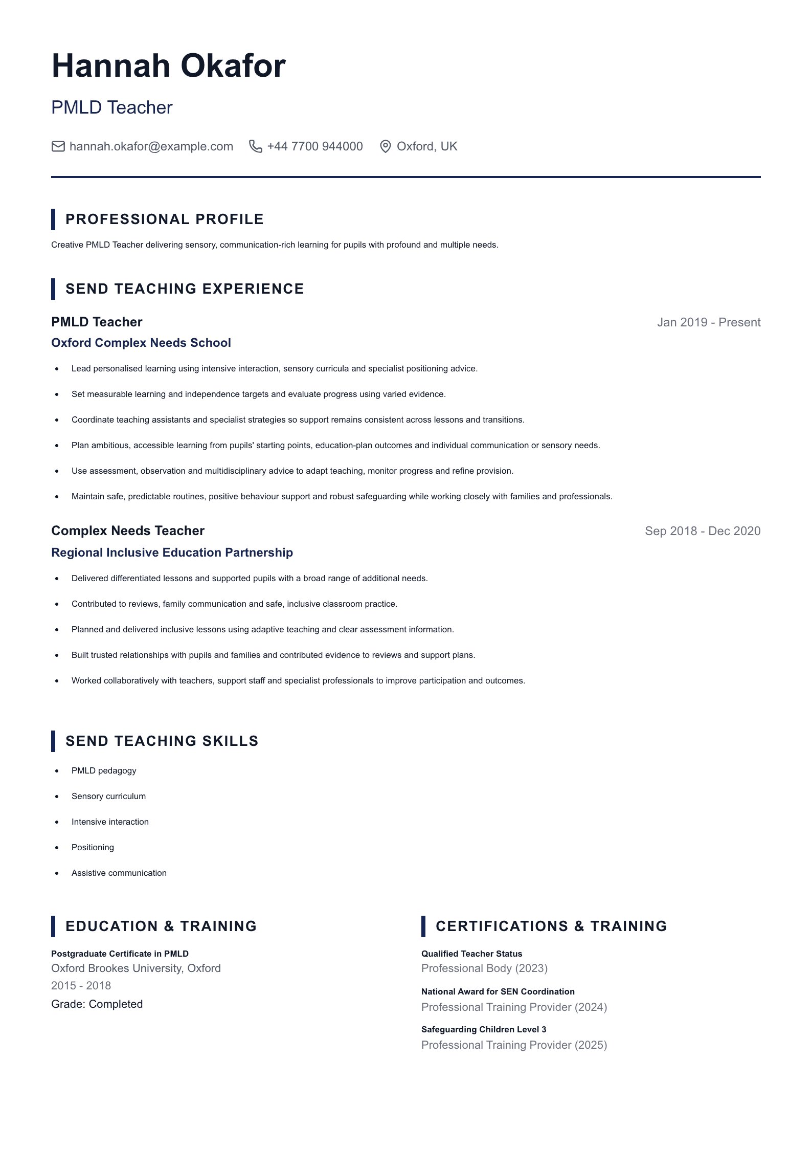 PMLD Teacher CV template