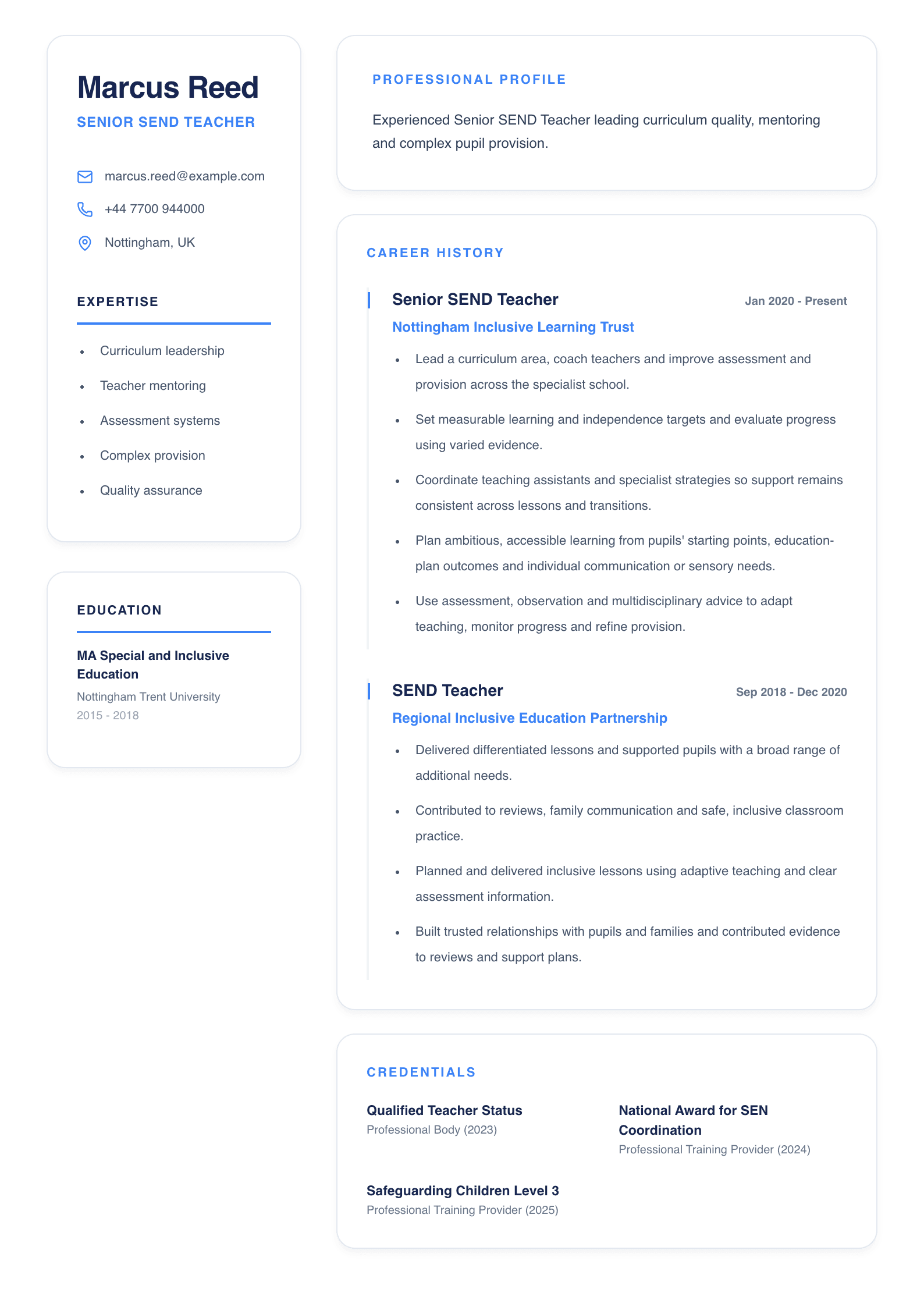 Senior SEND Teacher CV template
